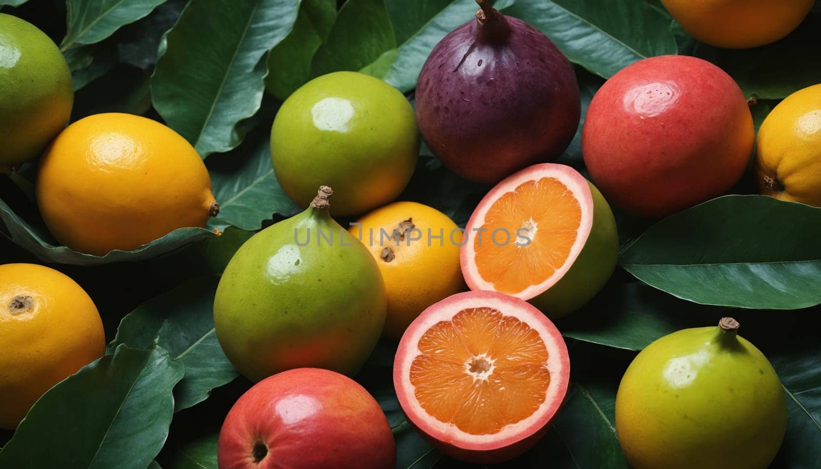 A vibrant assortment of tropical fruits, including grapefruits, a pear-shaped fruit, and two types of green citrus fruits, rests on a wooden table surrounded by lush green leaves. The bright colors of the fruit contrast beautifully with the deep green foliage, creating a visually stunning and inviting scene.
