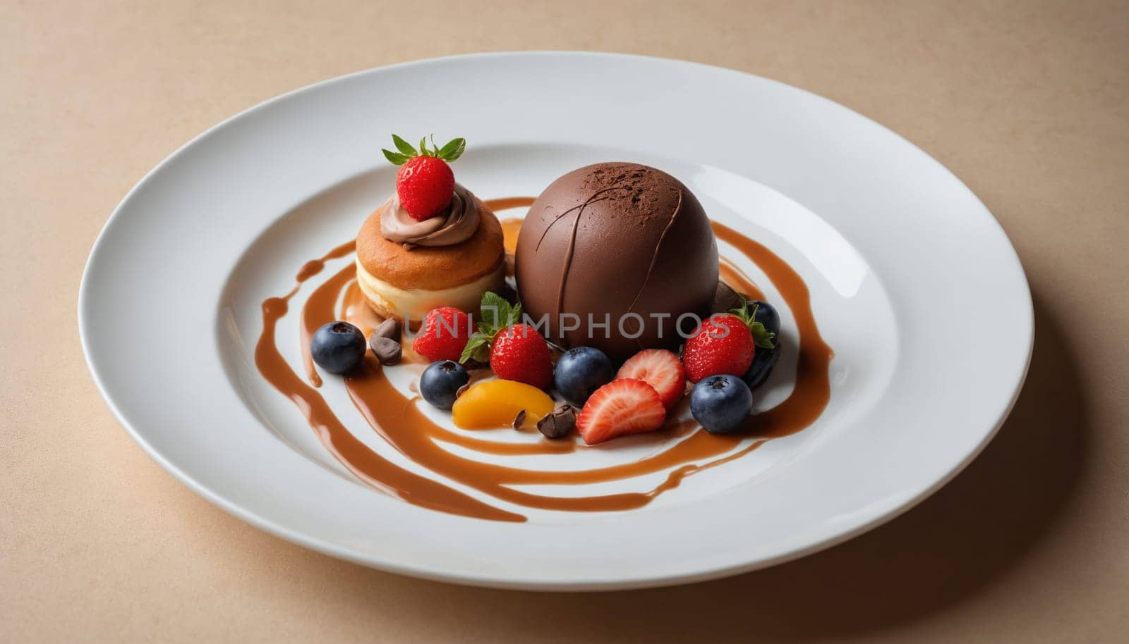 A white plate is artfully arranged with a chocolate sphere, a cream puff, fresh berries, and a drizzle of caramel sauce. The contrasting colors and textures create a visually appealing and tempting dessert.