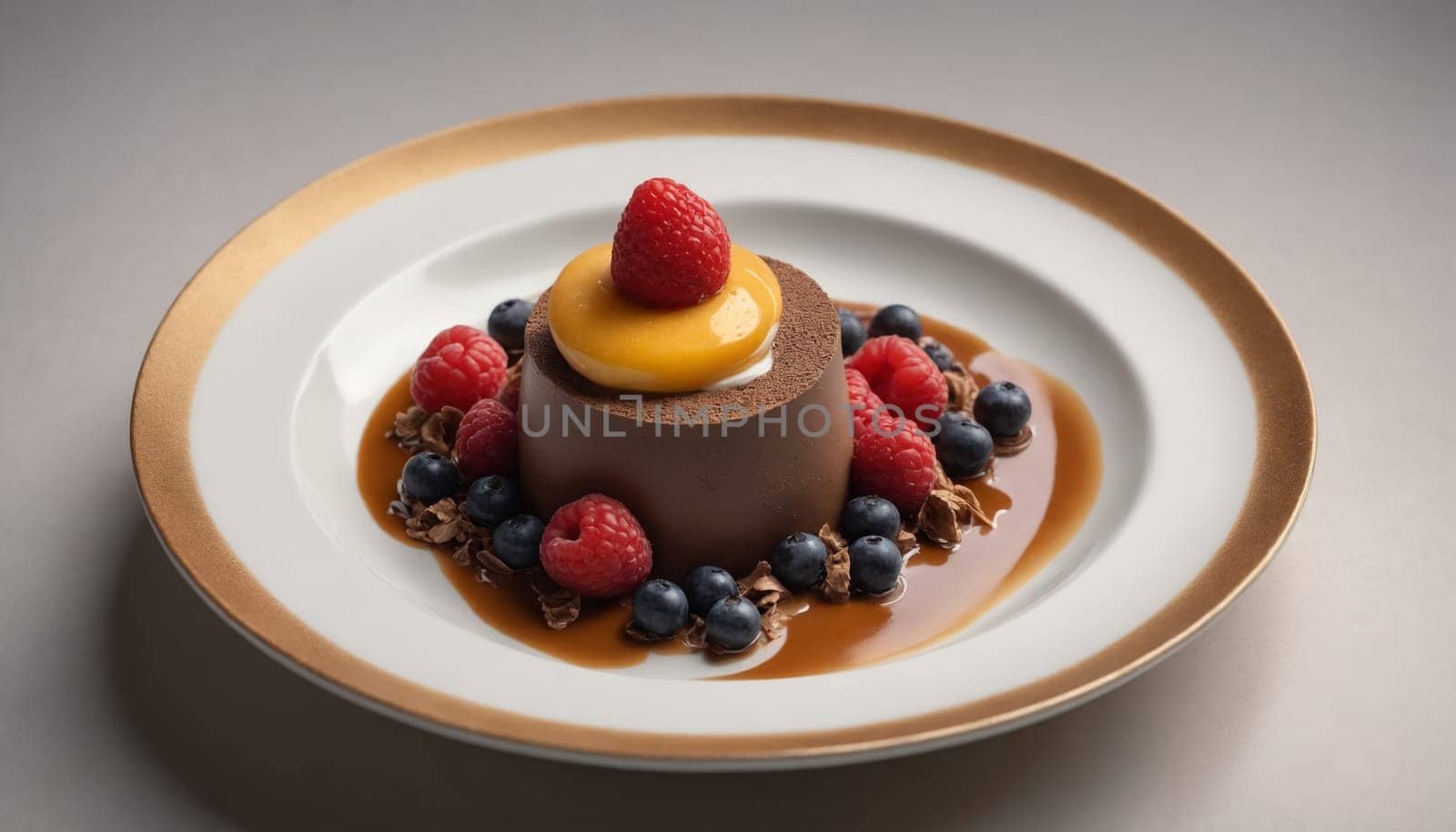 A single serving of rich chocolate pudding is artfully presented on a white plate. The pudding is topped with a medley of fresh berries, including strawberries and blueberries, and a drizzle of golden caramel sauce.