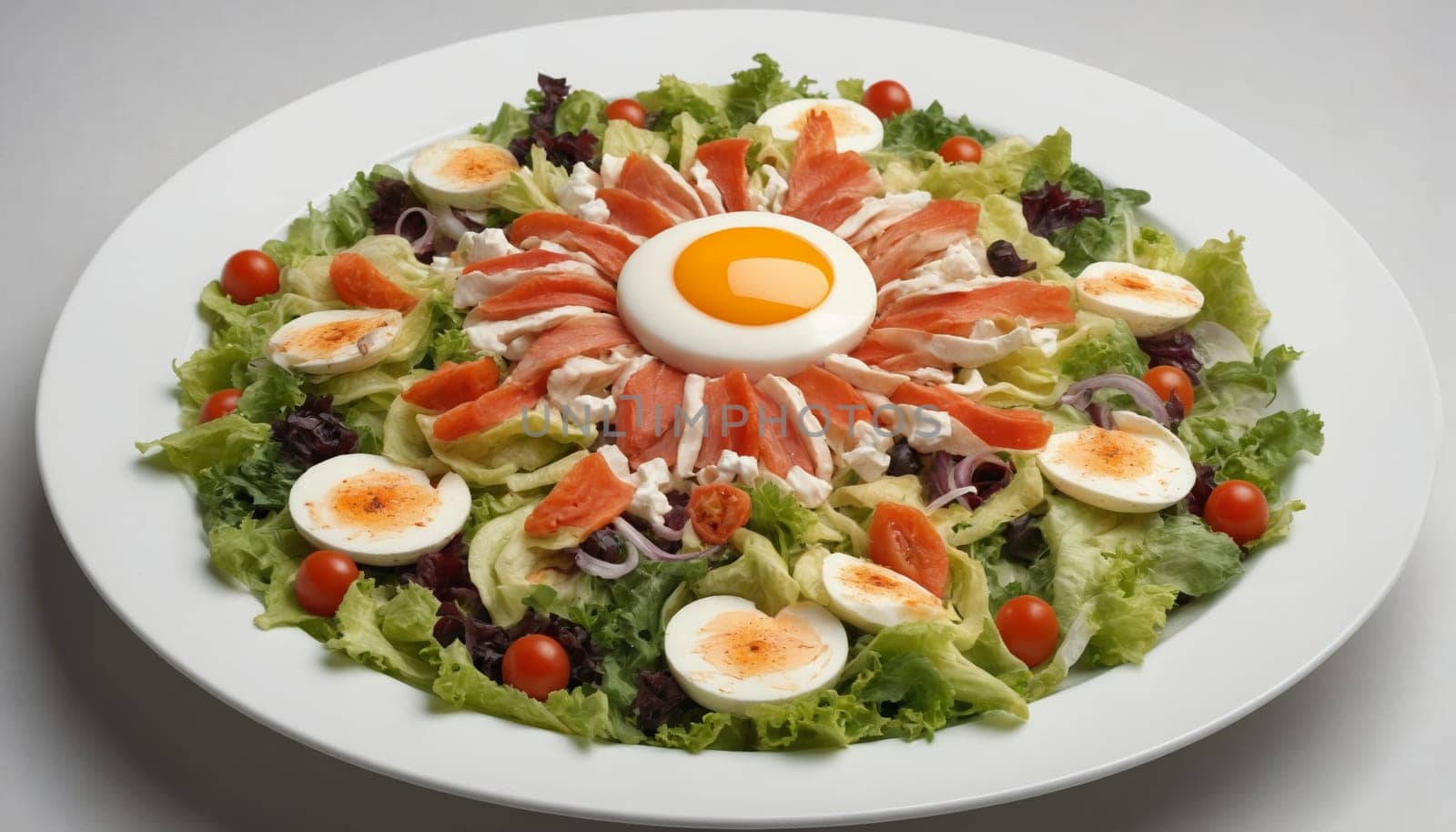 A white plate features a colorful salad with a unique arrangement. Smoked salmon is artfully arranged in a circle around a perfectly poached egg, while fresh lettuce, cherry tomatoes, and avocado slices create a vibrant, eye-catching composition.