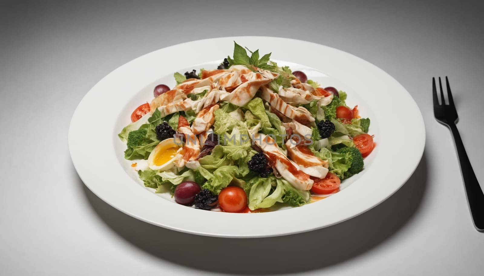 A white plate features a colorful salad with a unique arrangement. Smoked salmon is artfully arranged in a circle around a perfectly poached egg, while fresh lettuce, cherry tomatoes, and avocado slices create a vibrant, eye-catching composition.