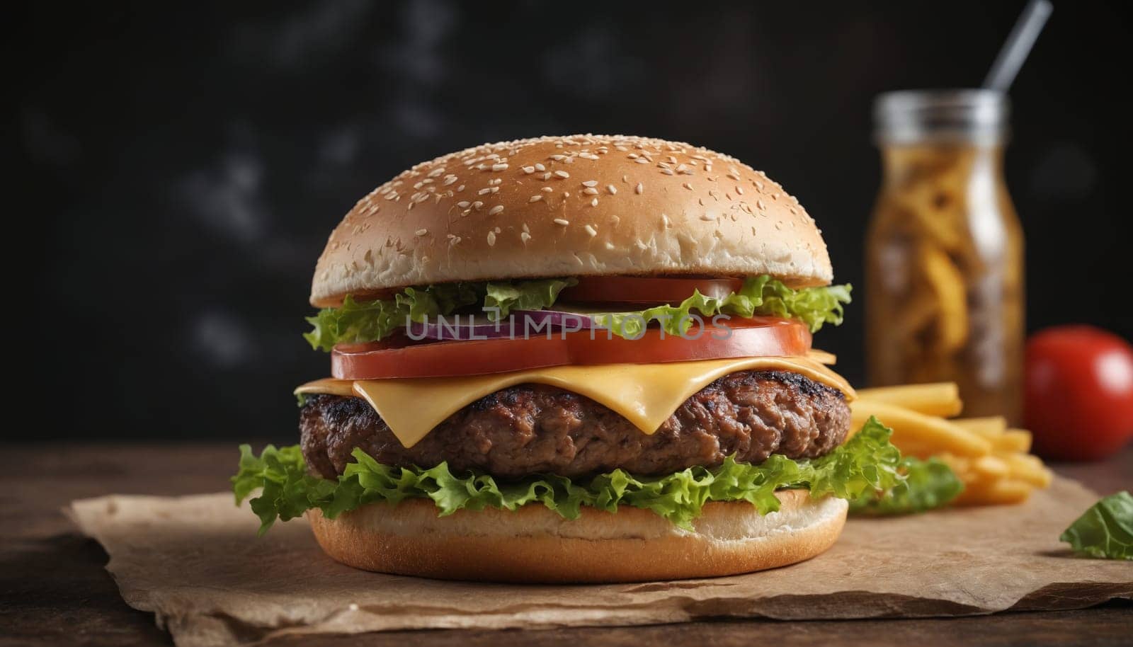 A close-up of a freshly made cheeseburger with lettuce, tomato, onion, and a melted cheese slice. The burger is steaming hot and sitting on a plate with a dark background.