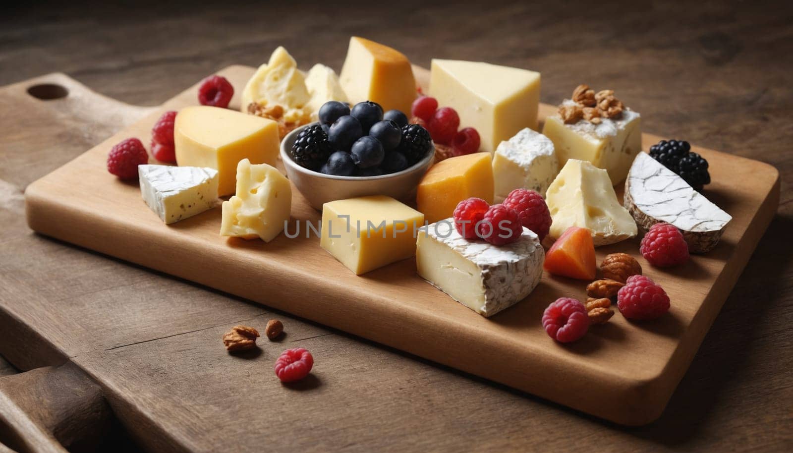 A wooden cutting board is laden with a variety of cheeses, ranging from creamy brie to sharp cheddar. The board is adorned with fresh raspberries and blueberries, adding a touch of sweetness to the savory spread. Scattered throughout are walnuts, offering a salty crunch.