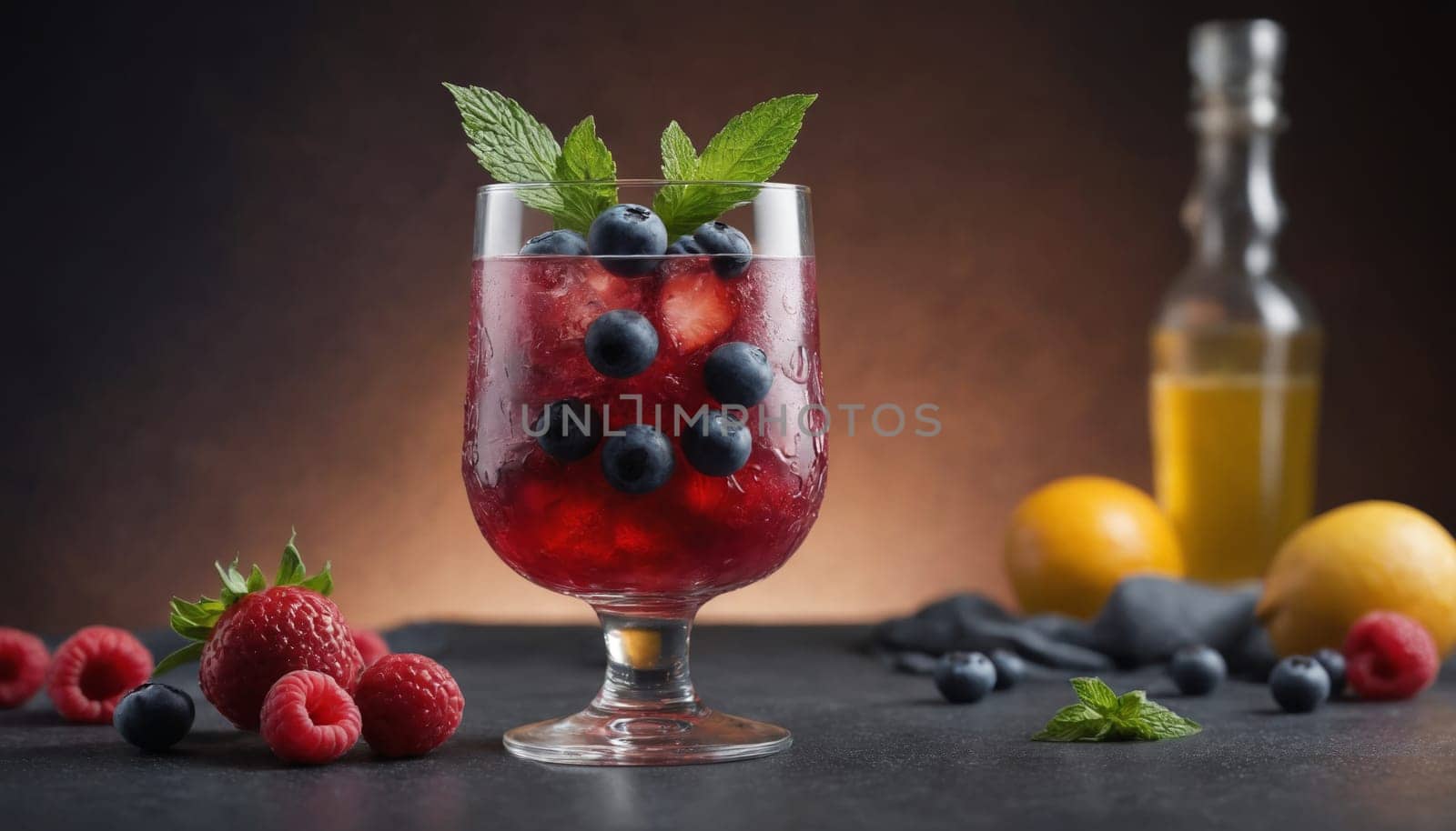 A glass of chilled berry cocktail, garnished with fresh mint leaves and raspberries, sits on a rustic wooden table. The drink is filled with ice and blueberries, creating a refreshing summer beverage.