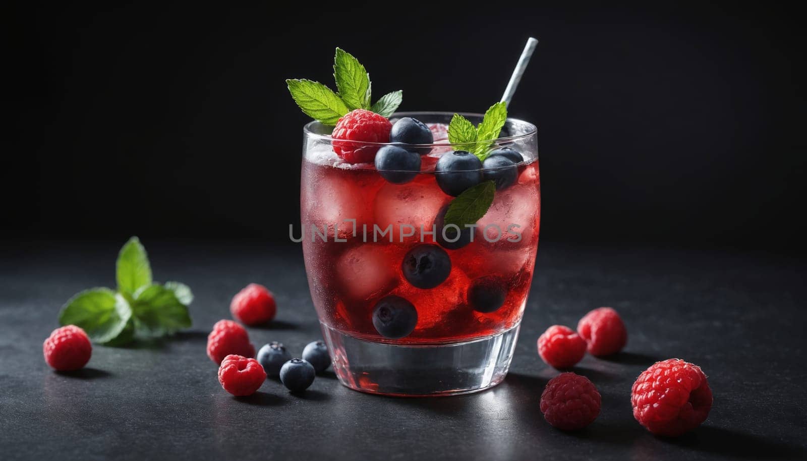 A glass filled with ice, raspberries, blueberries, and a red liquid sits on a dark surface. Mint leaves adorn the top and some scattered around the glass. The drink is ready to be enjoyed on a warm summer day.
