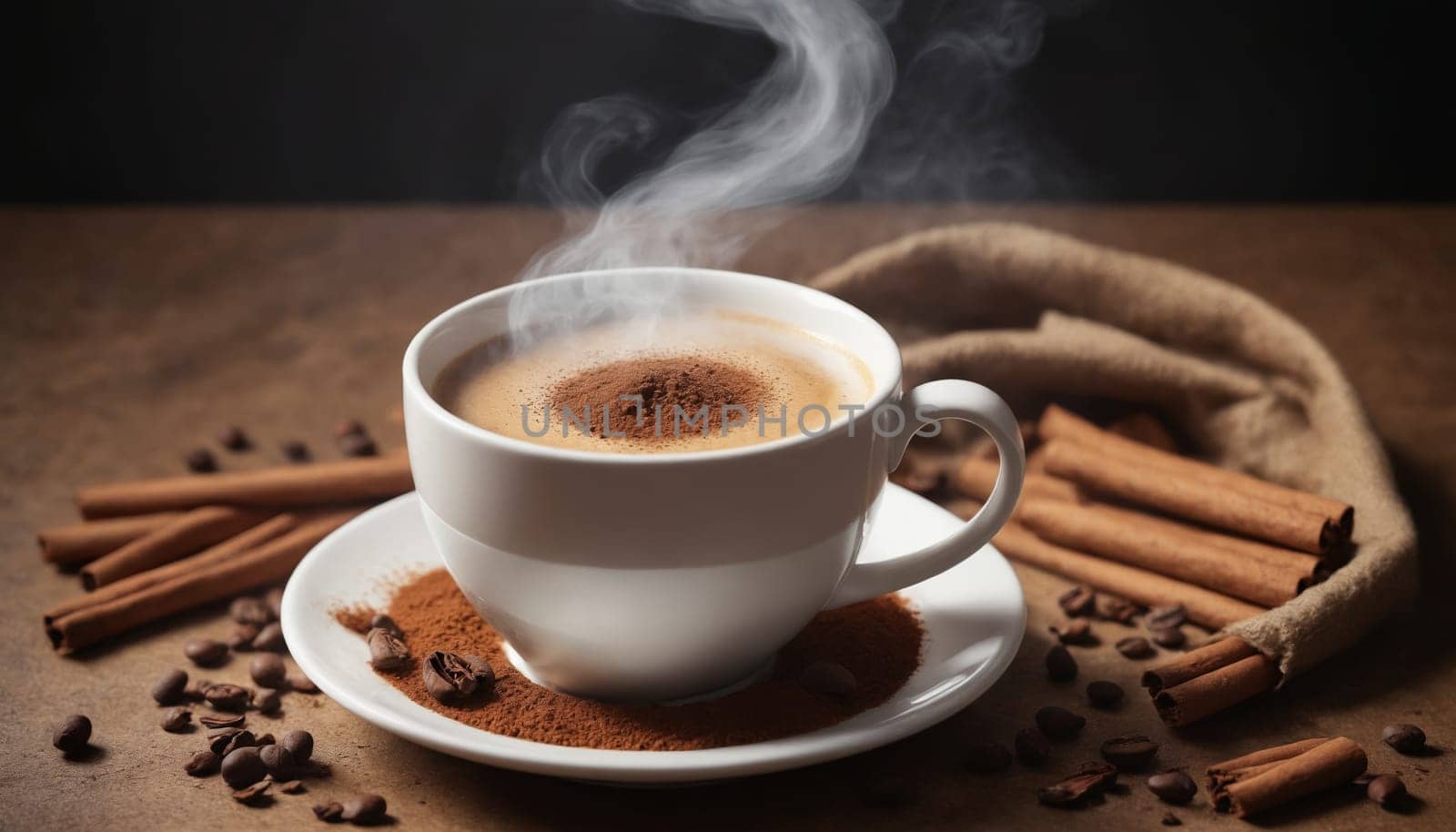A white porcelain mug filled with a steaming cup of coffee rests on a white saucer. The saucer is surrounded by coffee beans and cinnamon sticks, creating a warm and inviting scene.