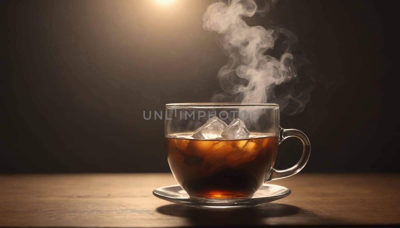 A steaming cup of iced coffee rests on a wooden table, a single ice cube visible within the dark liquid. The soft light and gentle steam create a peaceful and inviting atmosphere.