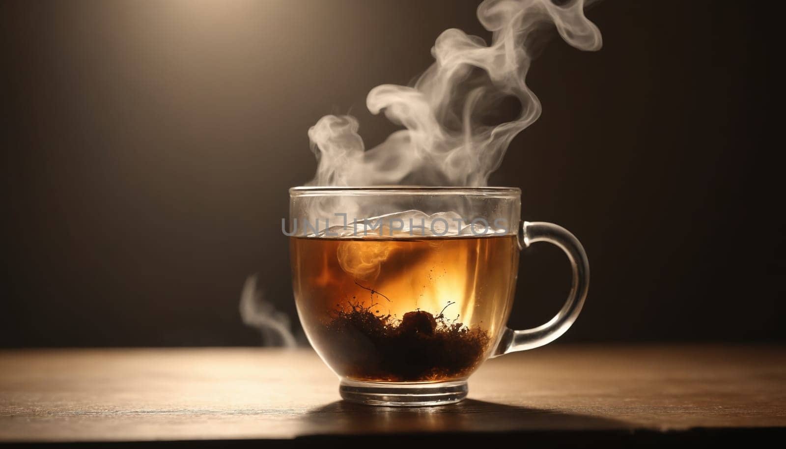 A steaming cup of tea sits on a wooden table, illuminated by warm light. The steam rises from the cup, creating a wispy haze. The tea is dark and rich, reflecting the light in a mesmerizing way.