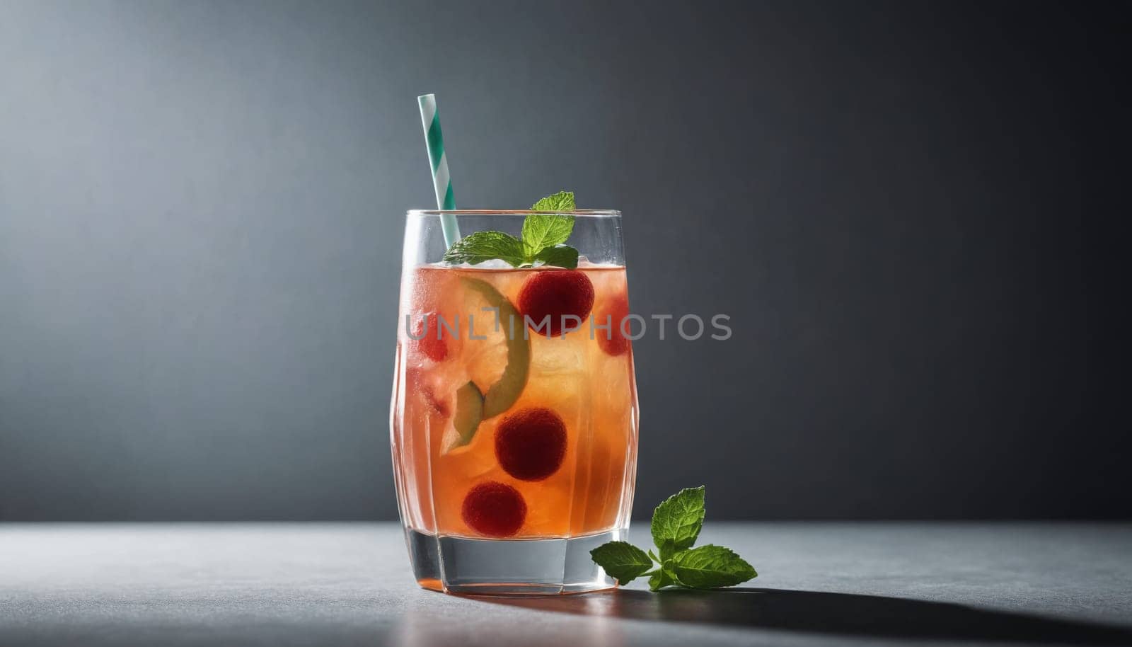 A glass of refreshing summer beverage filled with raspberries and lemon wedges, garnished with fresh mint leaves and a straw.