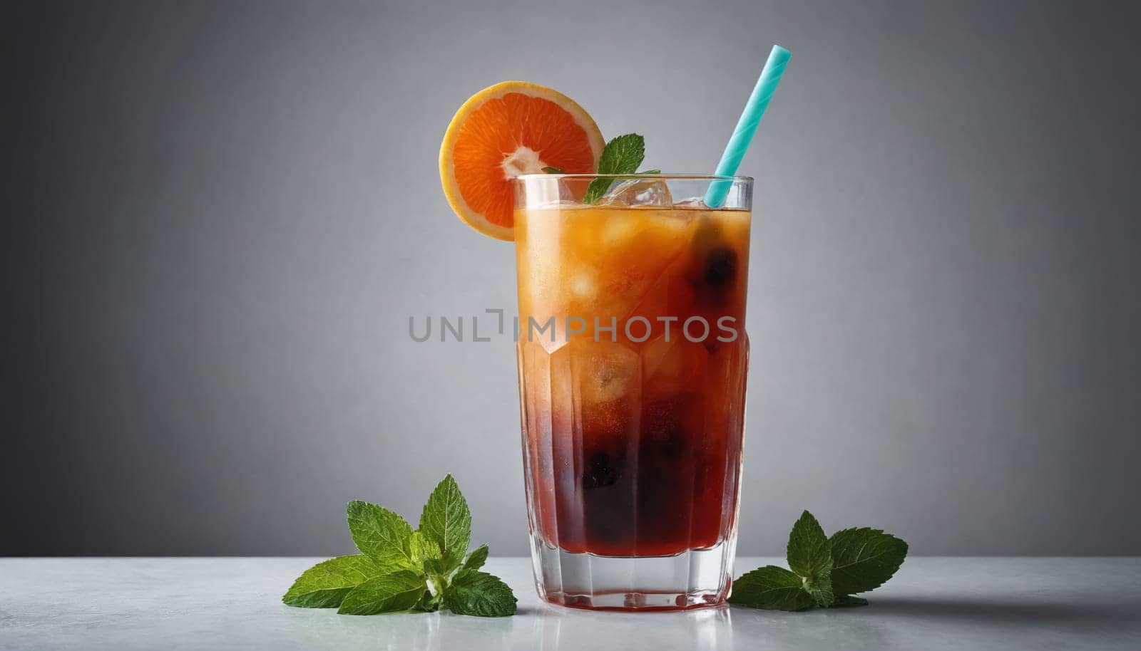 A tall glass filled with a refreshing beverage, adorned with fresh mint and juicy blueberries. Ice cubes clink together as the drink shimmers in the light, promising a cool escape from the summer heat.