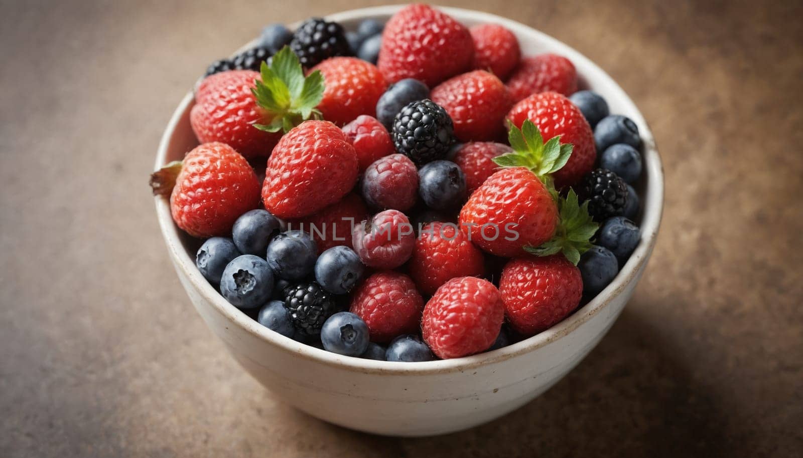 A white bowl brimming with a colorful array of fresh berries, including strawberries, raspberries, blueberries, and blackberries. The bowl rests on a rustic wooden surface with a few berries scattered around it, hinting at a delicious and healthy treat.