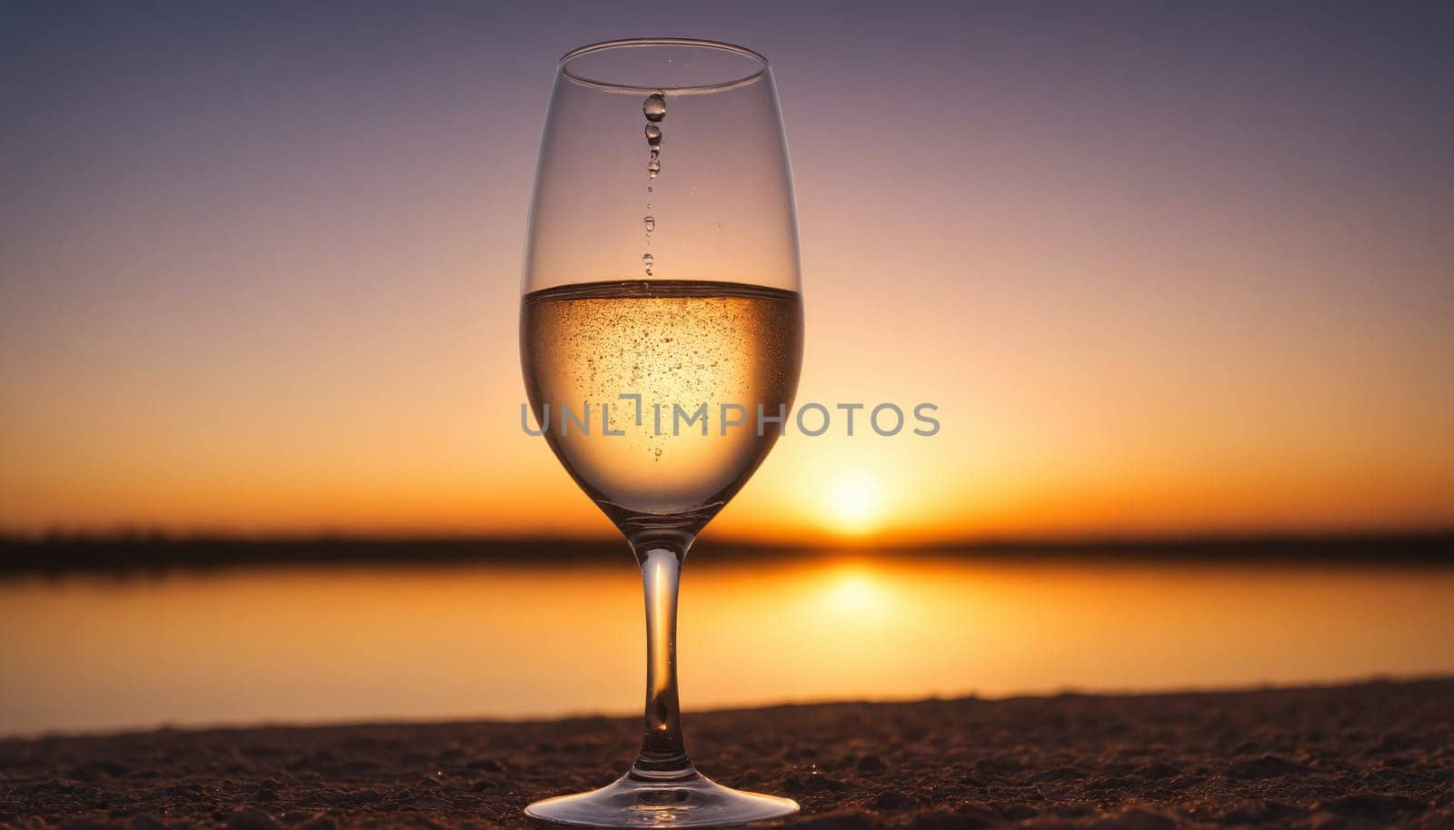 A single glass of water stands on the edge of a lake, its contents reflecting the warm colors of a setting sun. The stillness of the moment is emphasized by the calm water and the soft light, creating a peaceful and contemplative scene.