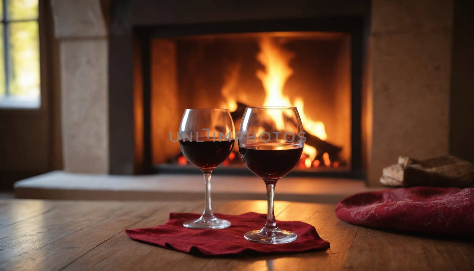 Two glasses of red wine sit on a wooden table in front of a roaring fireplace. The glasses are partially filled with wine, and the fireplace is glowing brightly, casting a warm light on the scene. A red napkin lies under the glasses, and a red blanket is draped over a nearby chair. The image evokes a sense of warmth, comfort, and relaxation.