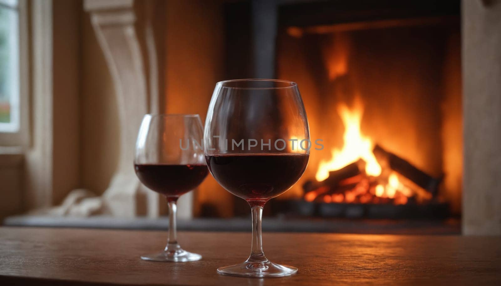 Two glasses of red wine sit on a wooden table in front of a roaring fireplace. The glasses are partially filled with wine, and the fireplace is glowing brightly, casting a warm light on the scene. A red napkin lies under the glasses, and a red blanket is draped over a nearby chair. The image evokes a sense of warmth, comfort, and relaxation.