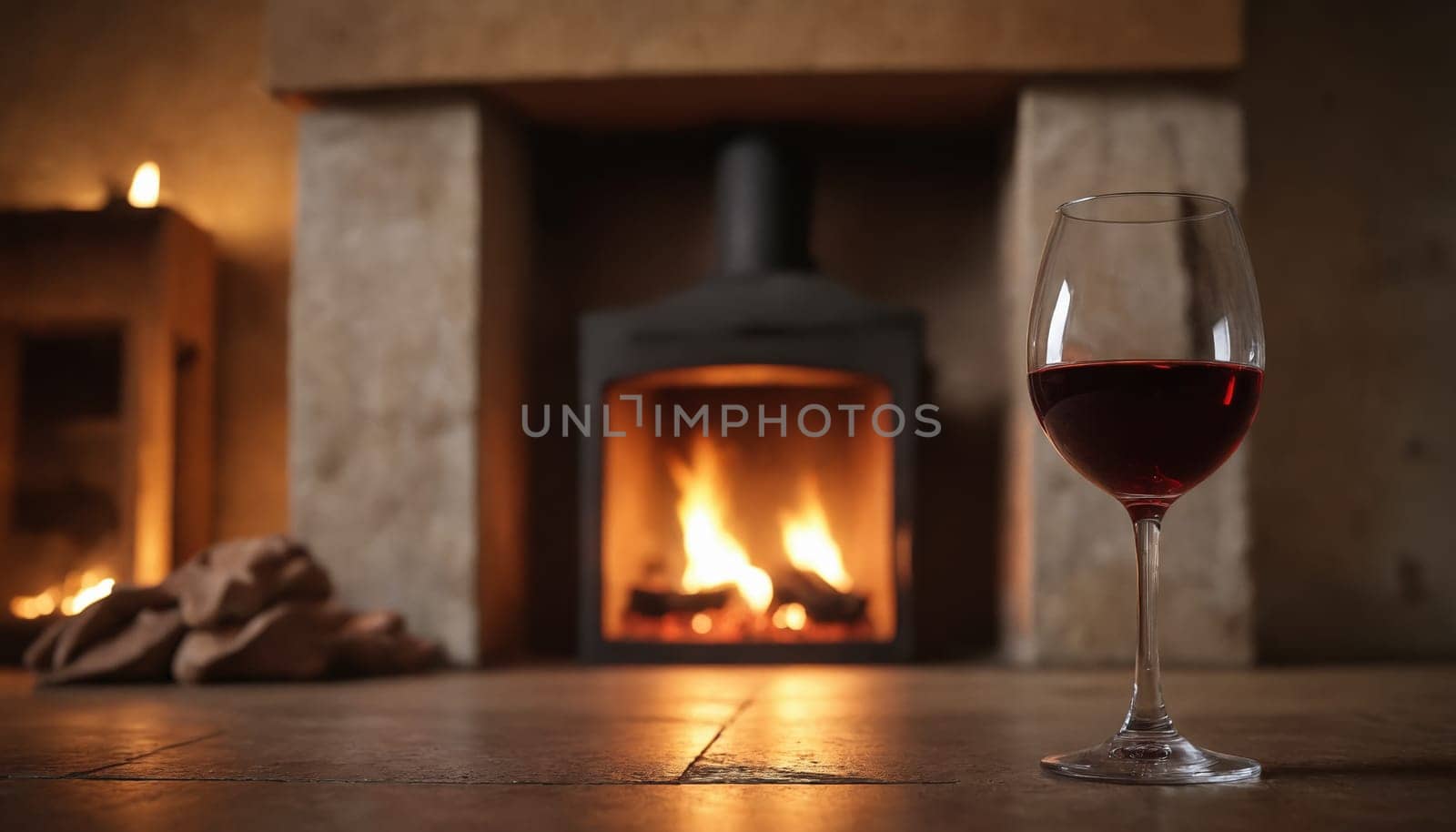 A glass of red wine sits on a wooden table in front of a crackling fireplace, inviting warmth and relaxation. A stack of firewood rests nearby, hinting at the comfort and ambiance of the setting.