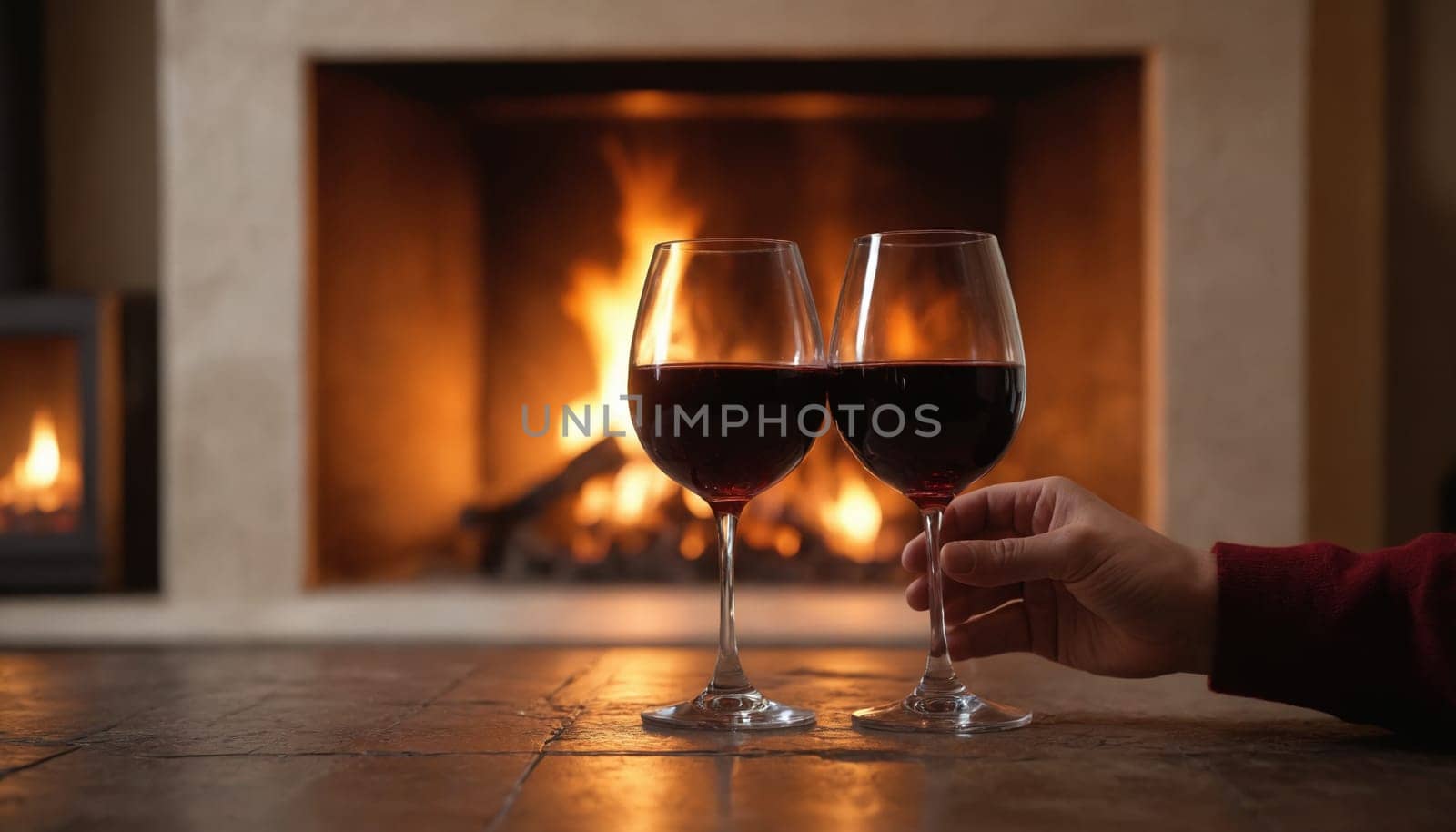 Two glasses of red wine are placed on a table in front of a roaring fireplace, with the warmth of the flames reflecting in the liquid and creating a cozy atmosphere. The person in the image is holding one of the glasses, ready to enjoy the evening's festivities.