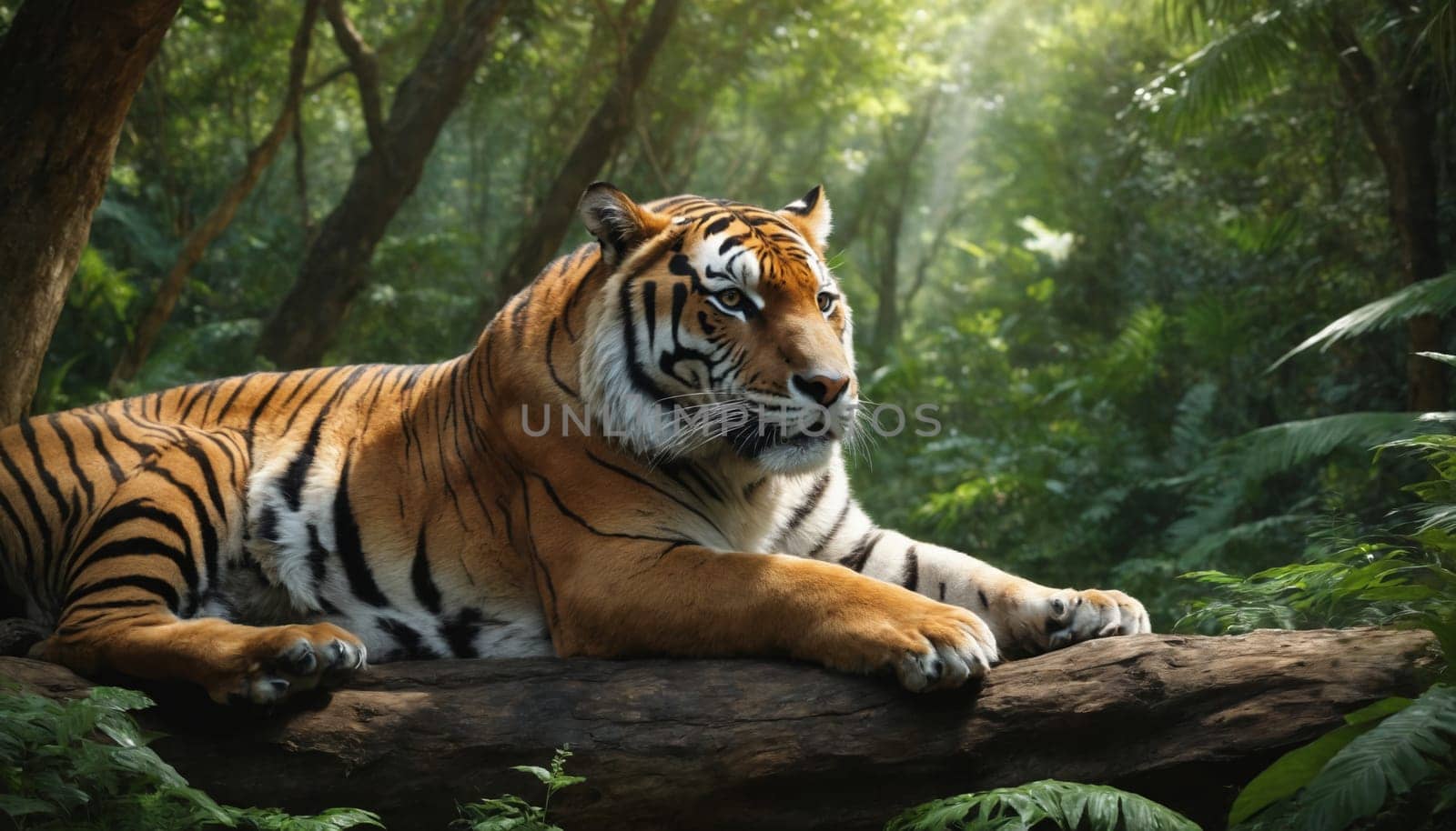 A magnificent tiger, with its striking orange and black stripes, lies peacefully on a fallen log in a dense, green jungle. Sunlight filters through the canopy, illuminating the tiger's fur and casting long shadows on the forest floor. The tiger's gaze is fixed on something in the distance, its powerful presence commanding respect and awe.