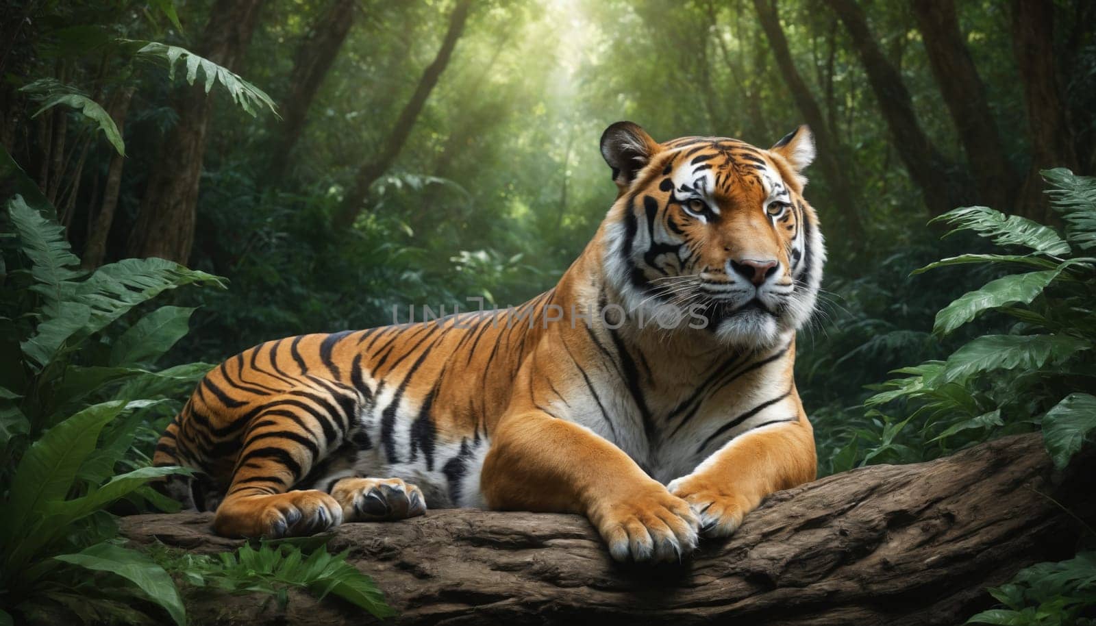 A powerful tiger rests on a rocky outcropping amidst the dense foliage of a tropical rainforest. Its bright eyes, black stripes, and muscular body are striking against the vibrant green backdrop. The sun filters through the leaves, illuminating the tiger's coat with a warm glow.