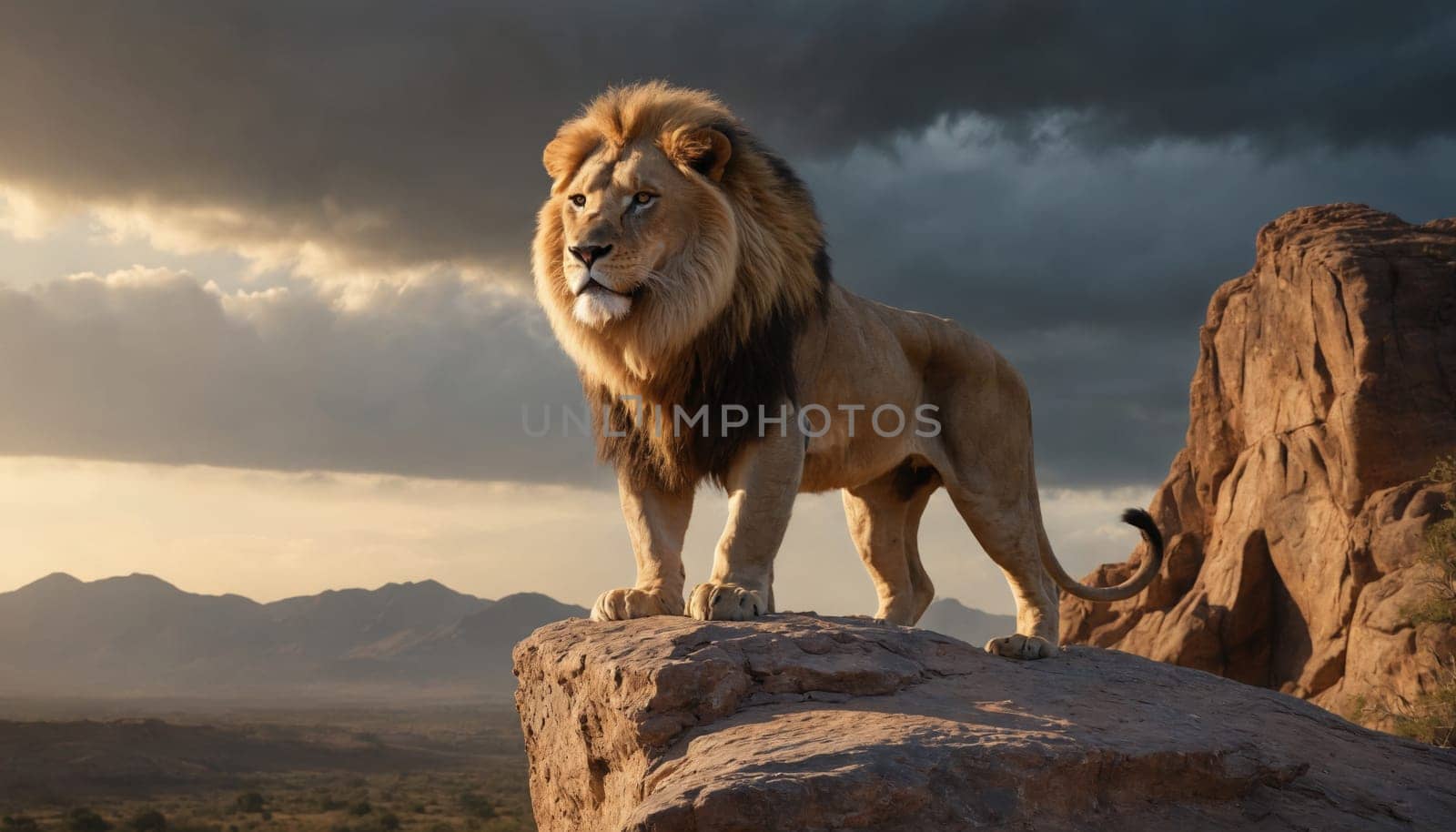 A powerful lion with a thick mane stands proudly on a rocky outcrop, overlooking the vast African savanna. The setting sun casts a warm glow on the landscape, creating a dramatic backdrop for the majestic predator.