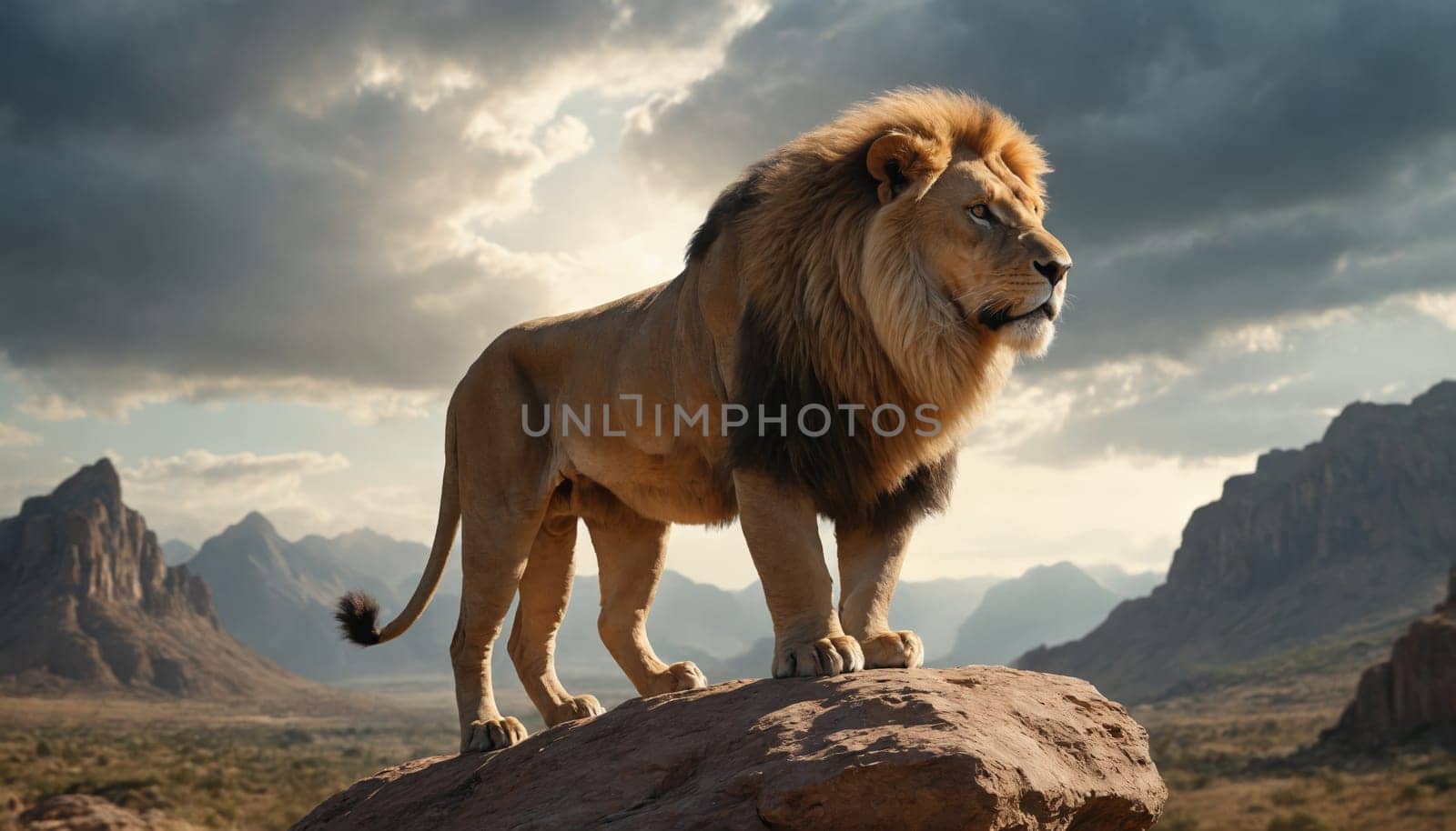 A majestic lion stands proudly on a rocky outcrop, gazing out over a vast, sun-drenched landscape. His mane flows in the breeze, and his amber eyes seem to see into the distance.