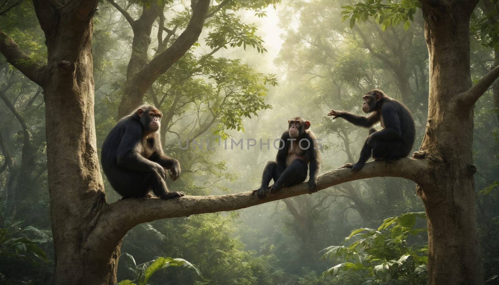 Three chimpanzees are perched on a branch in a dense rainforest, bathed in the soft light of dawn. The chimpanzee on the right is gesturing towards the middle chimpanzee, seemingly engaged in a conversation. The atmosphere is calm and serene, with the lush greenery of the rainforest creating a peaceful backdrop.
