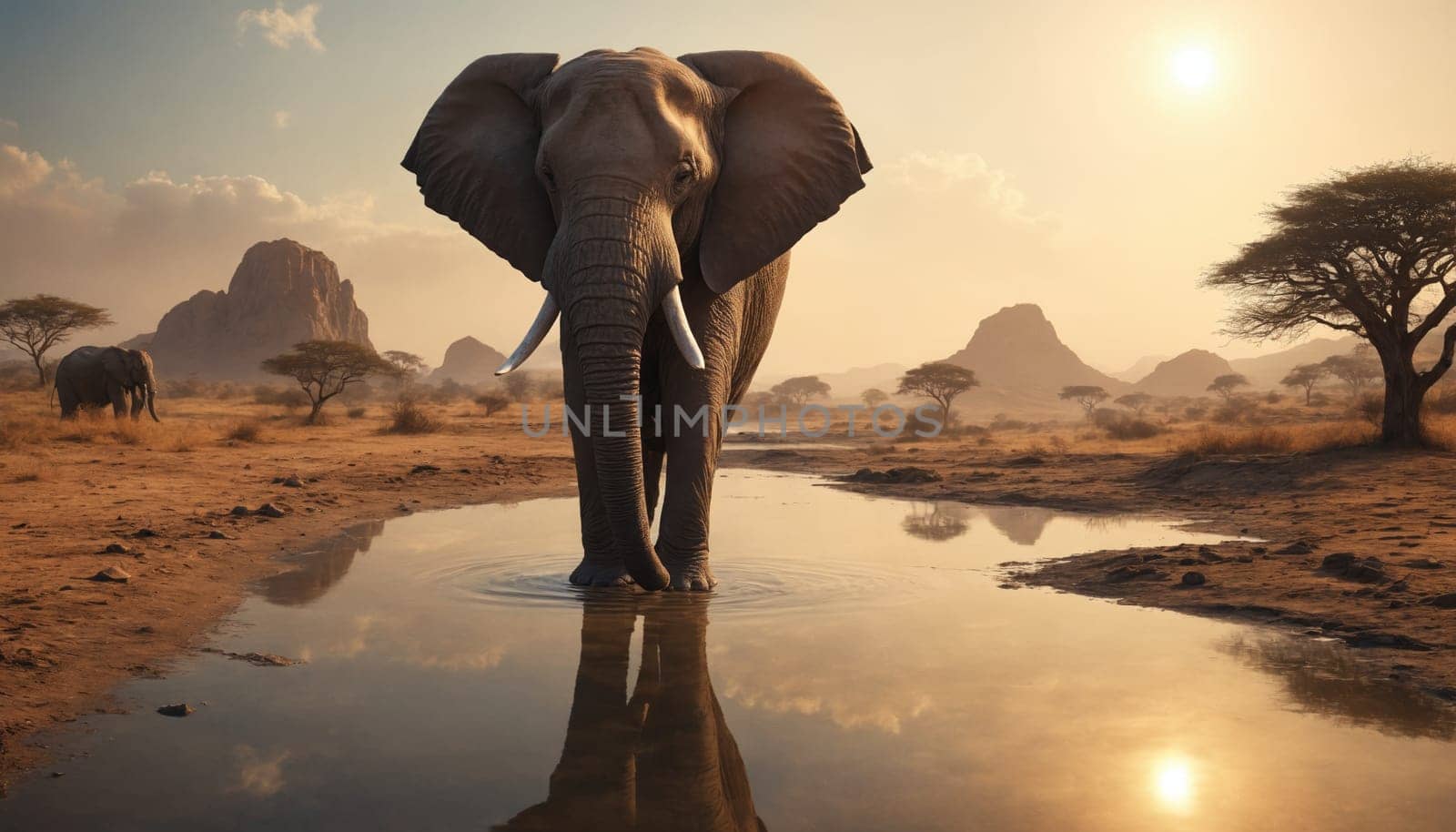 An African elephant stands in a shallow pool of water, its trunk reaching down to drink. The sun sets behind it, casting a warm glow over the landscape.