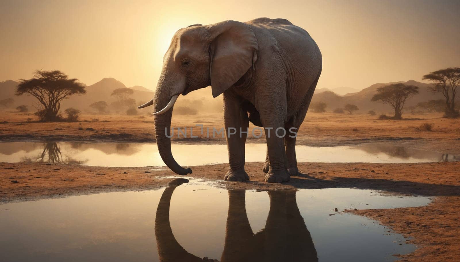 A lone elephant stands in a shallow pool of water, its reflection mirroring its massive size. The setting sun casts a warm glow over the savanna, highlighting the elephant's wrinkled skin and the dry, dusty landscape. The image evokes a sense of peace and tranquility in the midst of the wild.