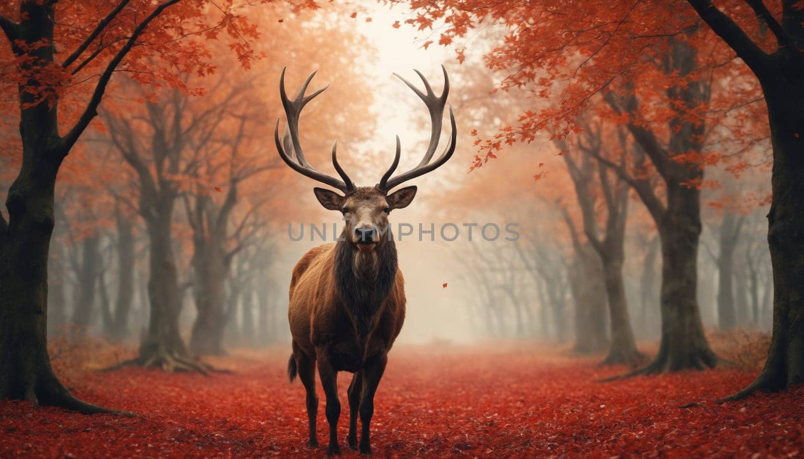 A solitary stag with impressive antlers stands amidst a forest cloaked in the colors of autumn. The air is thick with mist, creating a sense of mystery and tranquility. The red and orange leaves on the trees add to the vibrant scene.