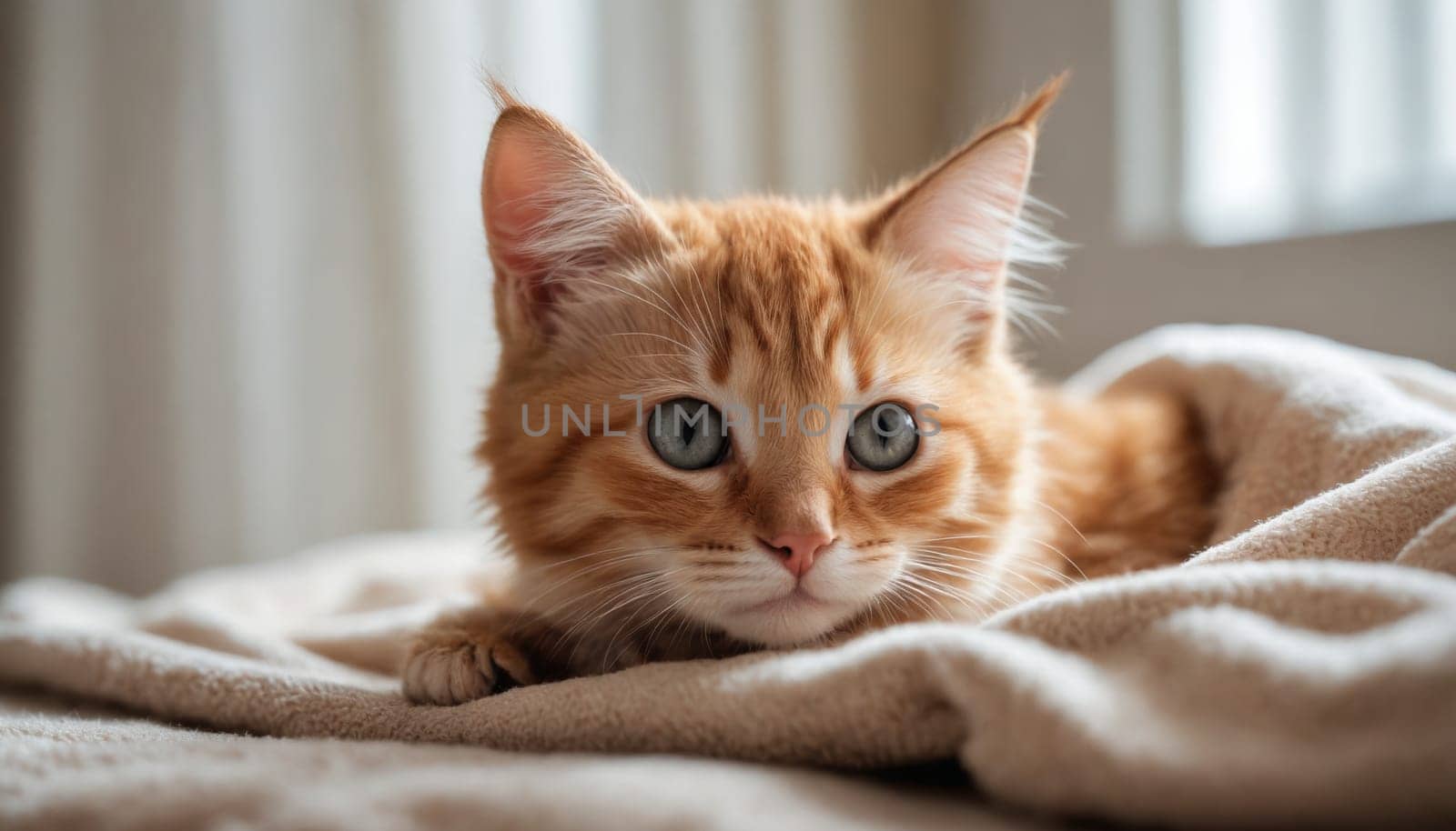A young tabby cat with bright green eyes peeks out from under a soft white blanket. Sunlight streams through a nearby window, illuminating the kitten's fur.