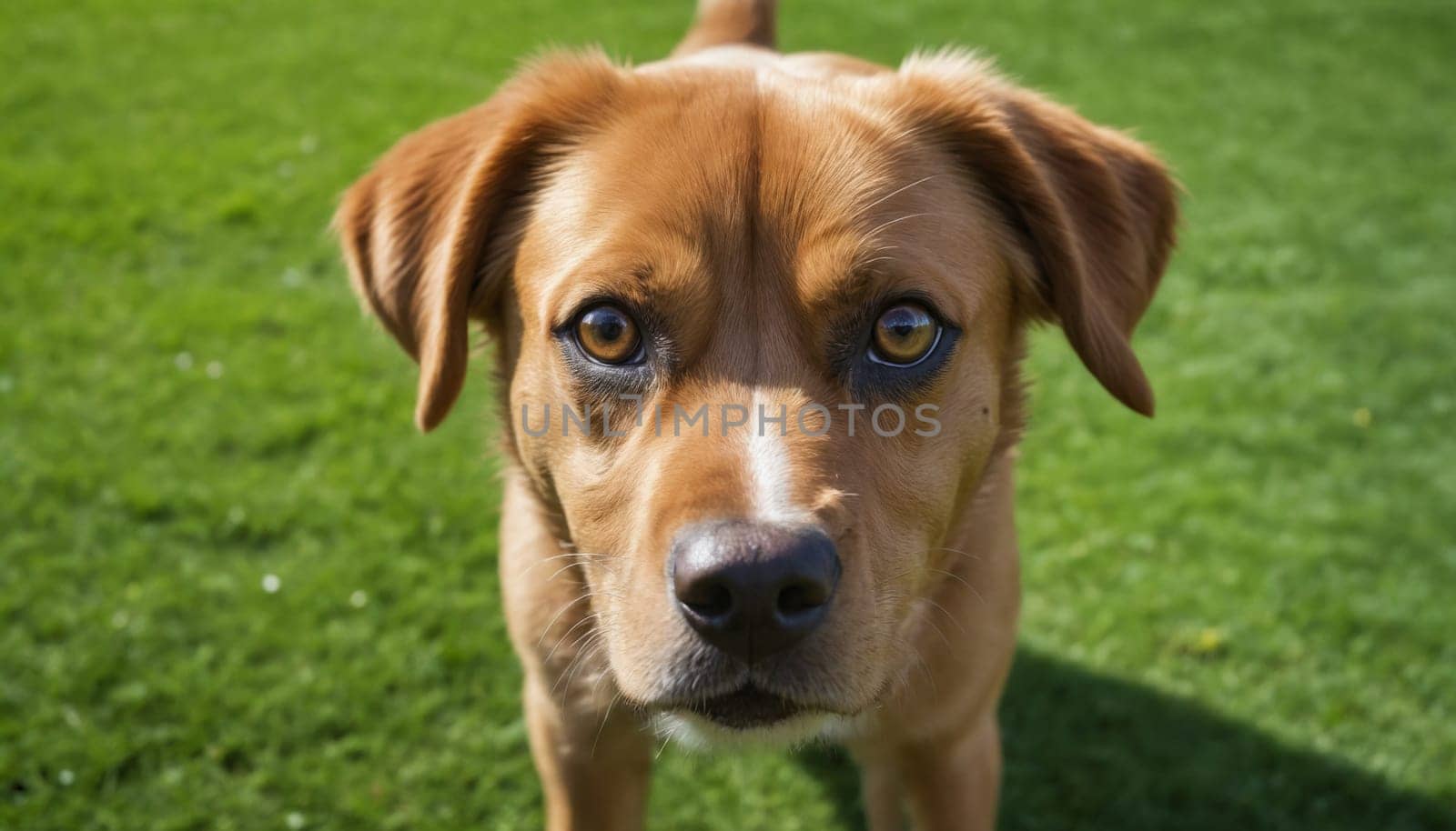 A golden brown dog with a white stripe down its nose stares intensely at the camera. Its brown eyes are wide with curiosity, and its mouth is slightly open, as if it is about to bark. The dog is standing on a lush green lawn, bathed in the warm sunlight of an afternoon.