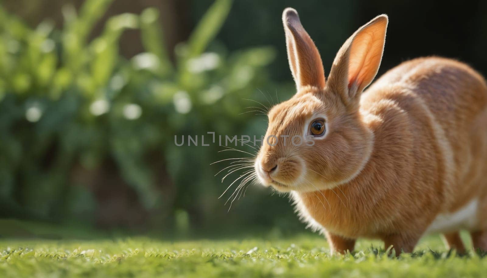 A fluffy brown rabbit with large, expressive eyes stands on a patch of green grass in a sunlit meadow. The rabbit's fur is illuminated by the warm sunlight, and its long, white whiskers twitch slightly. The soft grass and out-of-focus green foliage in the background create a peaceful and idyllic scene.
