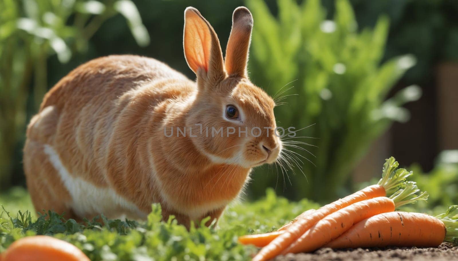 A fluffy, orange and white rabbit stands in a vibrant green garden, its long ears perked up and its eyes fixed on a pile of bright orange carrots. The rabbit's white fur contrasts beautifully with its orange coat, and the background is a blur of green foliage, creating a serene and inviting atmosphere.