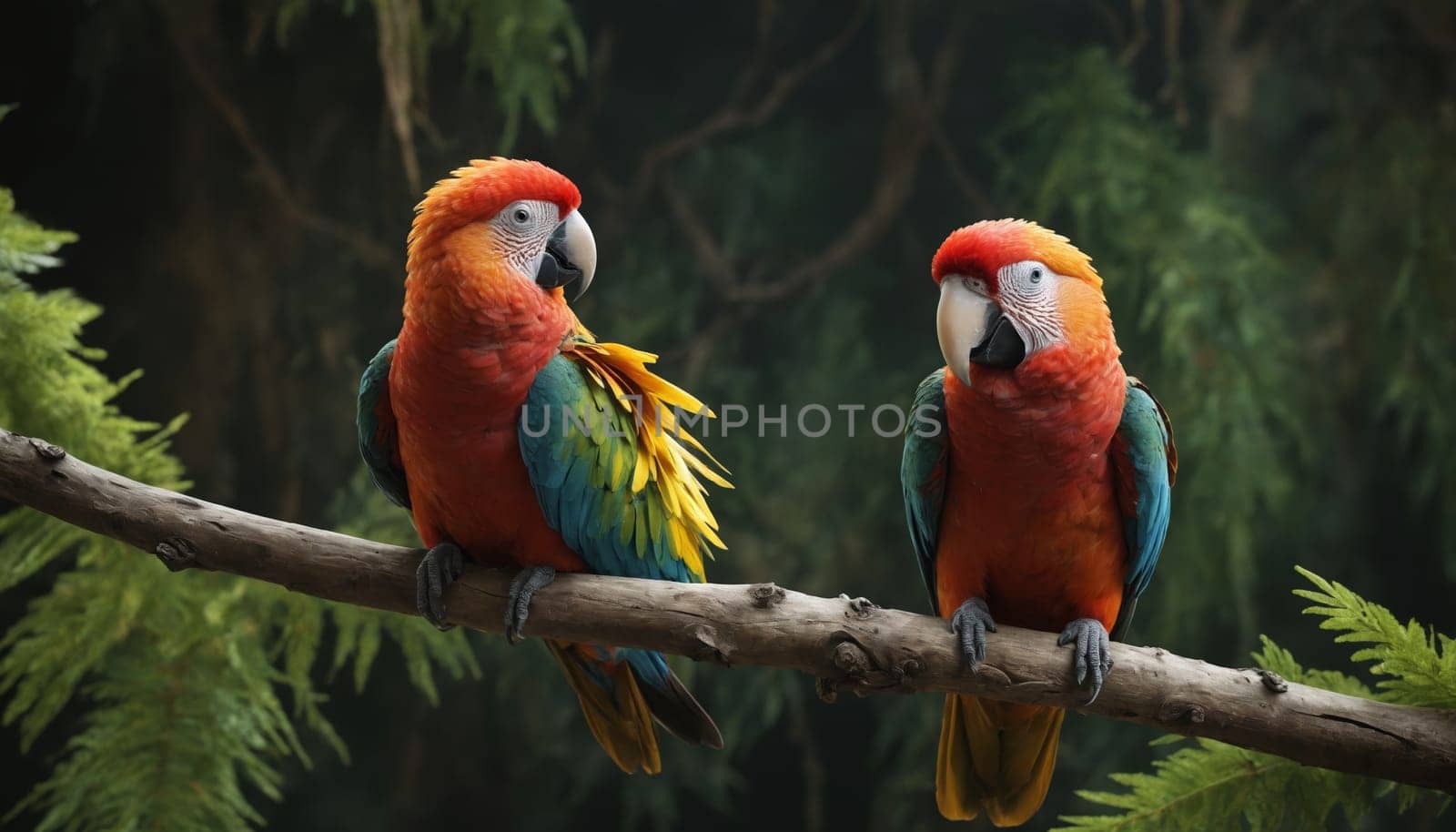 Two scarlet macaws with vibrant red, blue, green, and yellow plumage perch on a branch in a lush jungle setting. The macaws, with their bright, inquisitive eyes, are a striking contrast to the deep green foliage surrounding them.