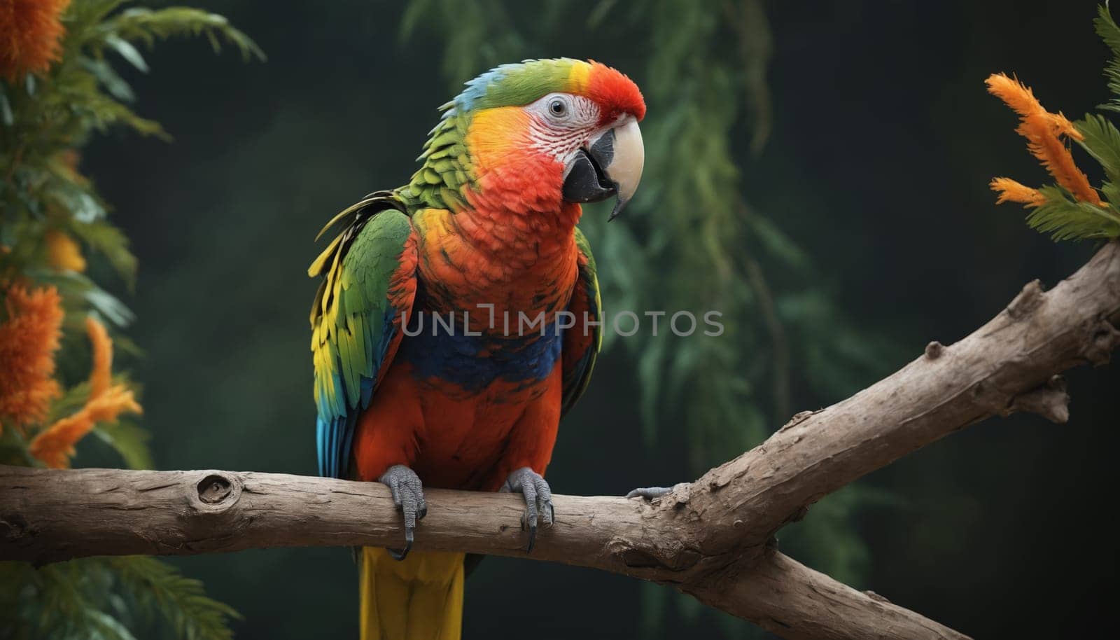 A vibrant macaw with a brilliant yellow, orange, and red plumage perches on a weathered branch, its blue and green wings folded neatly. The bird's intelligent eyes gaze thoughtfully as it sits amidst the lush green foliage of a tropical rainforest.