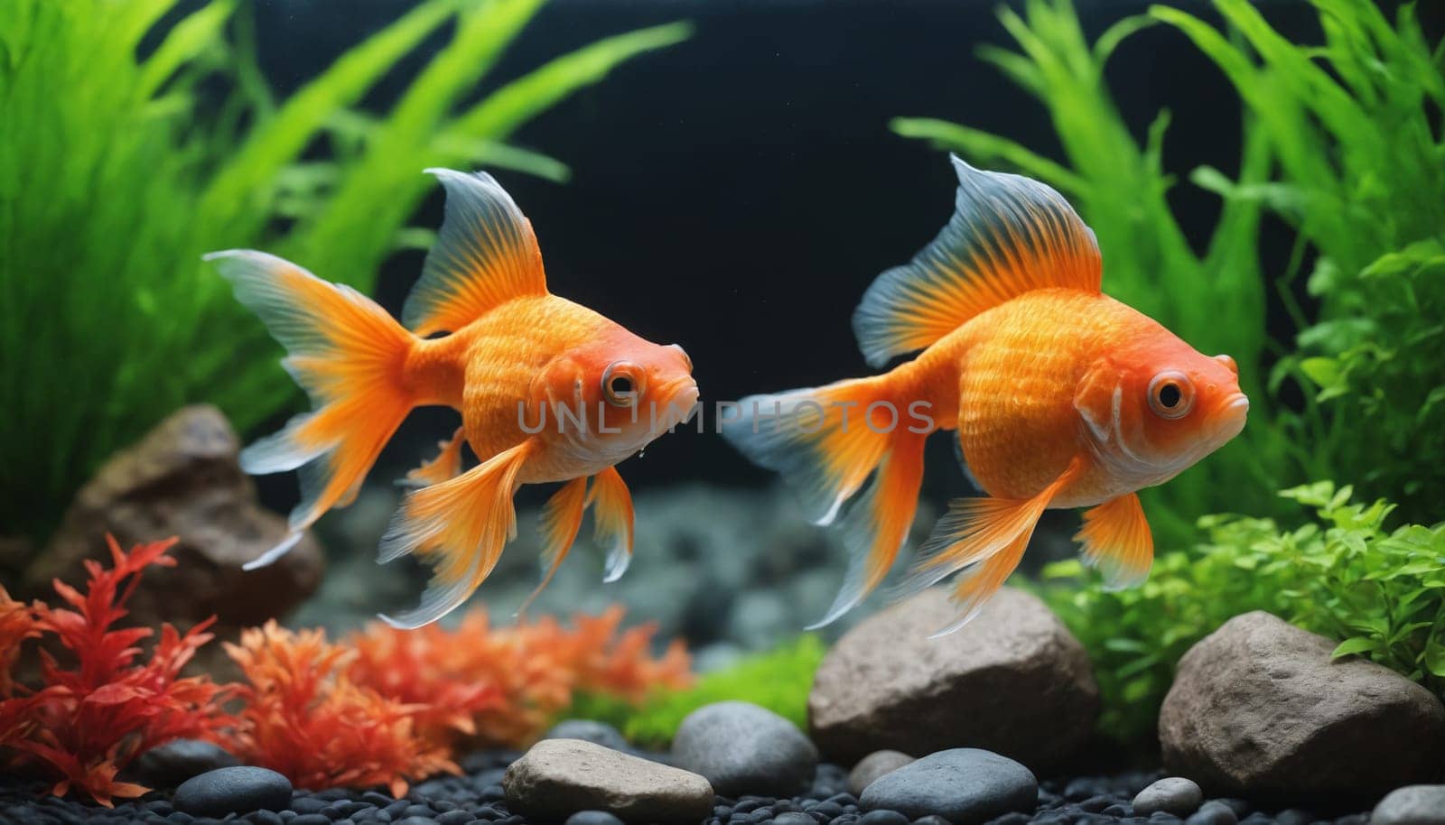Two bright orange goldfish with long flowing fins gracefully navigate a lush aquatic environment. The fish swim past colorful plants and smooth, gray rocks as they explore their underwater world.
