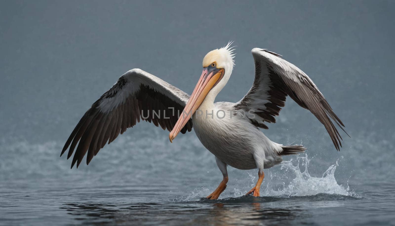 A white pelican with black wingtips lands gently on the surface of a calm, misty lake, creating a small spray of water as its feet touch the water. The pelican's wings are outstretched, its long beak is open slightly, and its eyes are focused on the water ahead.
