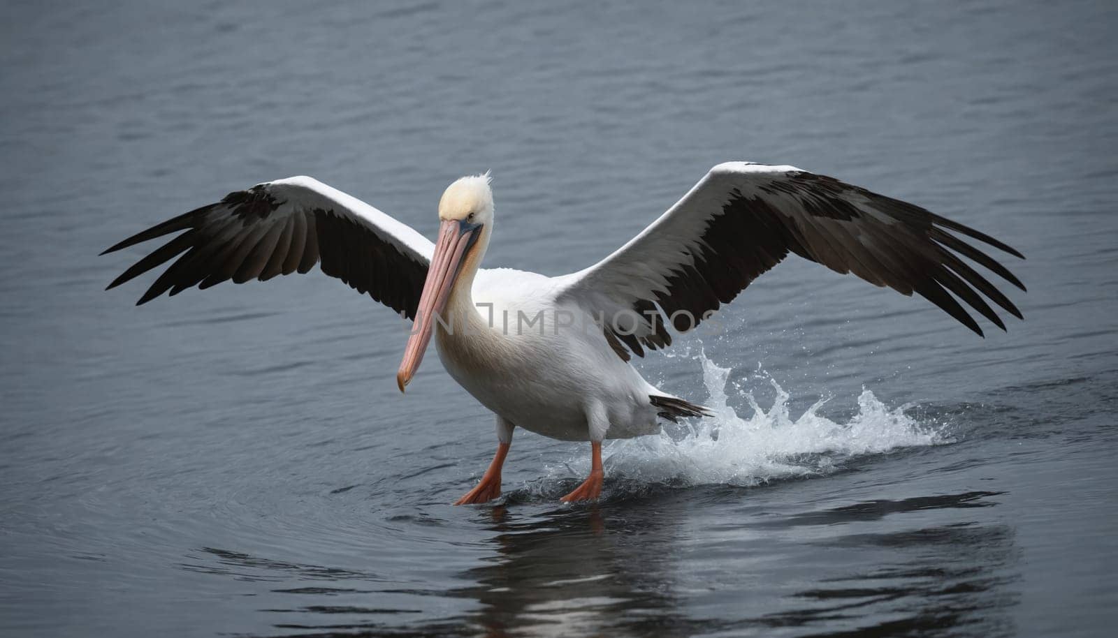 A white pelican with black wingtips lands gently on the surface of a calm, misty lake, creating a small spray of water as its feet touch the water. The pelican's wings are outstretched, its long beak is open slightly, and its eyes are focused on the water ahead.