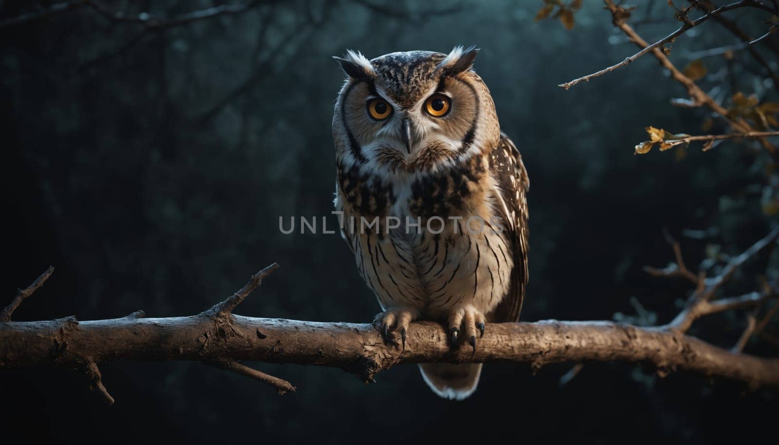 An owl with piercing yellow eyes rests on a branch in a dark, mysterious forest. The owl's plumage is a mix of brown, grey, and black, blending seamlessly with the shadowy background. The air is still, and the only sound is the owl's soft breathing.