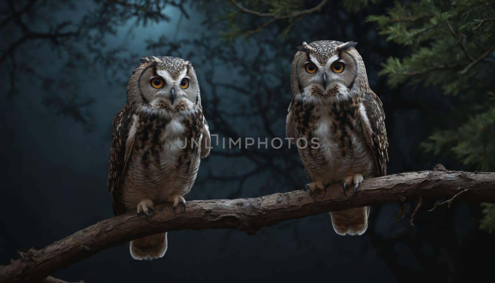 Two owls, with their large, golden eyes, sit perched on a branch, silhouetted against a dark forest background, illuminated by the soft glow of the moon. The owls appear to be observing something in the distance, their feathers fluffed up and their postures alert.