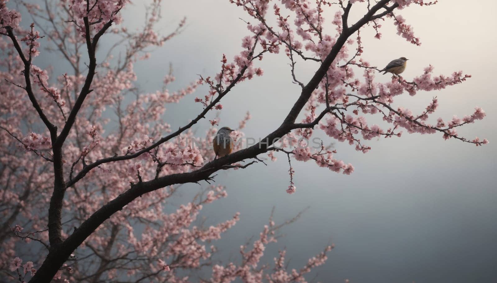 Four birds, each with a distinct plumage, perch on a branch adorned with delicate pink cherry blossoms. The soft light of dawn bathes the scene in a gentle warmth, while the birds seem to be engaged in a melodious conversation, their voices blending with the soft rustling of the leaves.