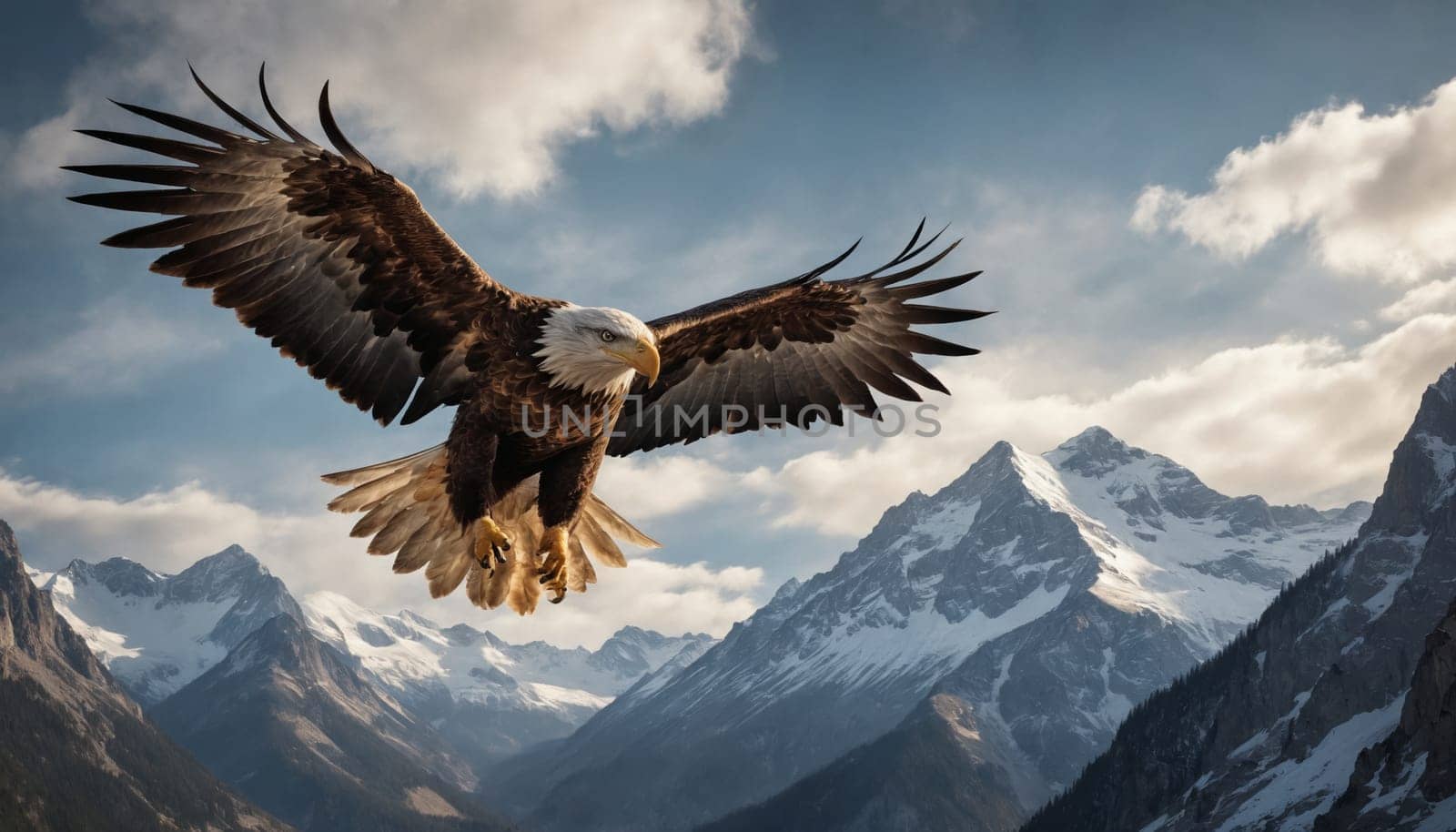 A majestic bald eagle, with its wings fully extended, glides effortlessly through the air against a backdrop of snow-capped mountain peaks. The eagle's sharp gaze and powerful presence dominate the scene, highlighting its dominance and freedom. The contrasting colors of the eagle's plumage and the white snow create a visually captivating image.