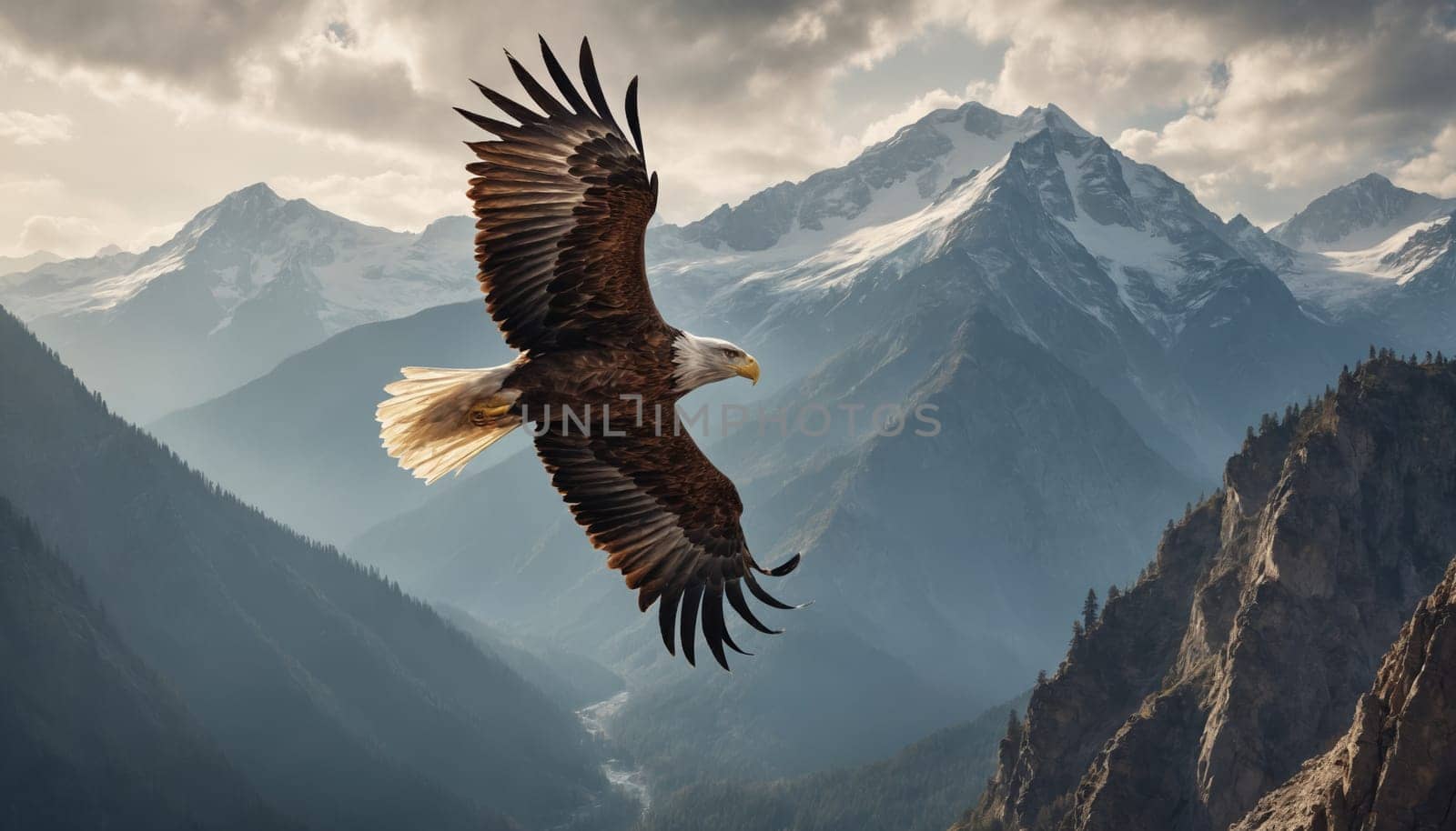 A majestic bald eagle with powerful wings spreads its feathers as it gracefully glides through the air, soaring high above a breathtaking landscape of snow-capped mountains and deep valleys.