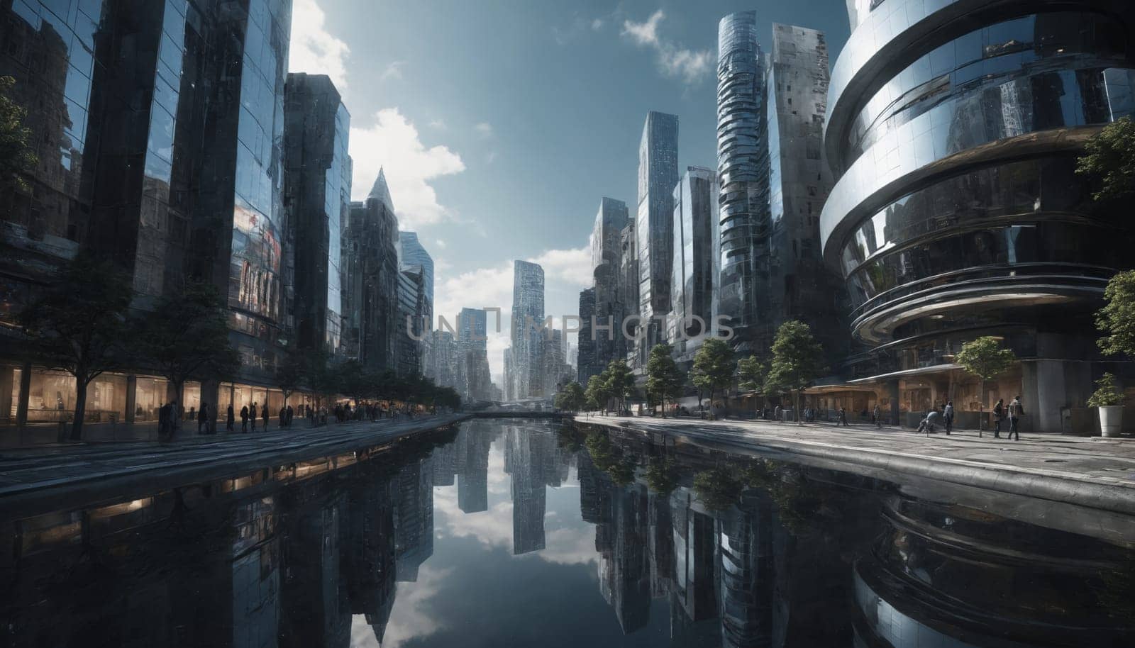A bustling cityscape is reflected in the calm waters of a narrow canal, creating a mesmerizing blend of urban life and tranquil scenery. Tall, modern buildings line the waterway, their sleek facades reflecting the midday sun. Small groups of people stroll along the sidewalks, their silhouettes adding a touch of human life to the otherwise sterile environment.