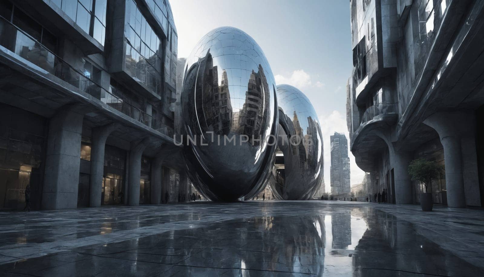 A long, metallic corridor with sleek, futuristic design. The walls are lined with large, rounded windows, giving glimpses into an unknown world. Bright, white lights run along the top of the corridor, casting a long, narrow shadow down the center. Two figures walk towards the end of the hallway, their silhouettes barely visible in the dim light.