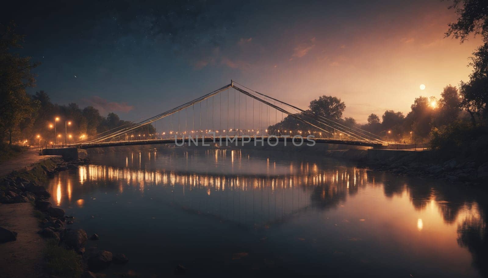 A suspension bridge stretches across a calm river, illuminated by soft lights that reflect on the water's surface. The sky above is a canvas of fading twilight hues, with a few scattered stars beginning to appear.