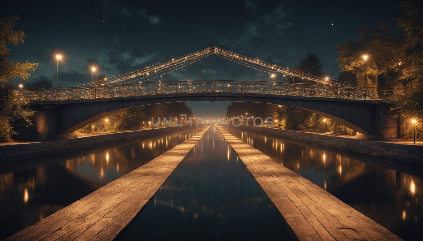 The quiet tranquility of a moonlit night is captured as a pedestrian bridge arches over a calm canal. The bridge is adorned with twinkling lights, casting a warm glow on the water below and illuminating the surrounding trees. The paved paths on either side of the canal invite a peaceful evening stroll, promising a moment of serenity in the city.