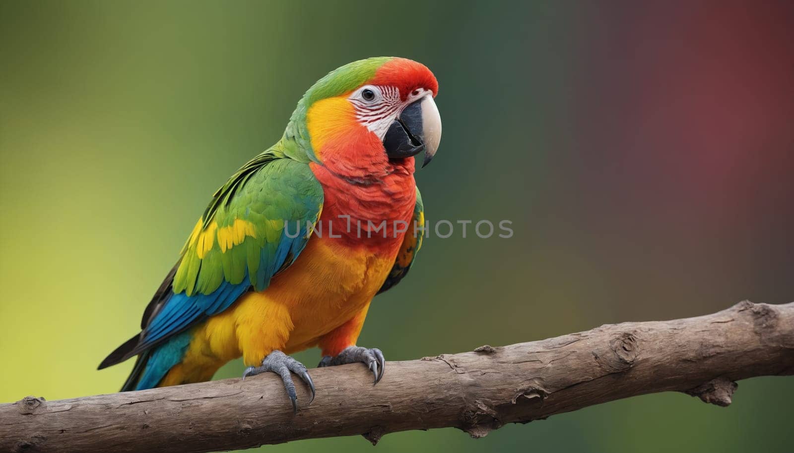 A sun parakeet with vibrant green, yellow, and red feathers perches on a branch, its head tilted slightly to the side. The bird is surrounded by a soft, blurry background of green and brown, suggesting a lush forest environment. The light is soft and warm, hinting at the early morning hours.