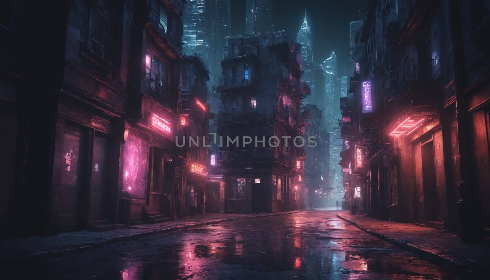 A futuristic cityscape at night, with neon lights reflecting off a wet, empty street. Tall buildings line the narrow street, casting long shadows. The sky is dark and cloudy, with a few stars peeking through. The only light comes from the neon signs and street lamps.