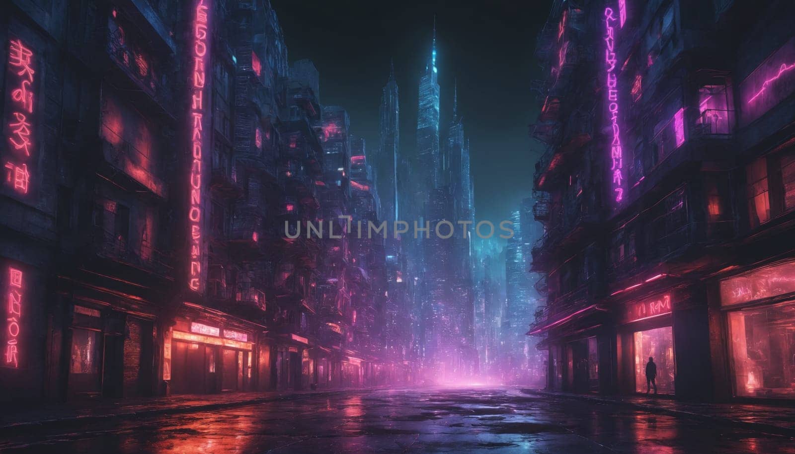 A lone figure walks down a wet, neon-lit street in a futuristic city. The buildings are tall and imposing, with glowing signs and windows. The sky is dark, but the city lights create a vibrant, colorful atmosphere.