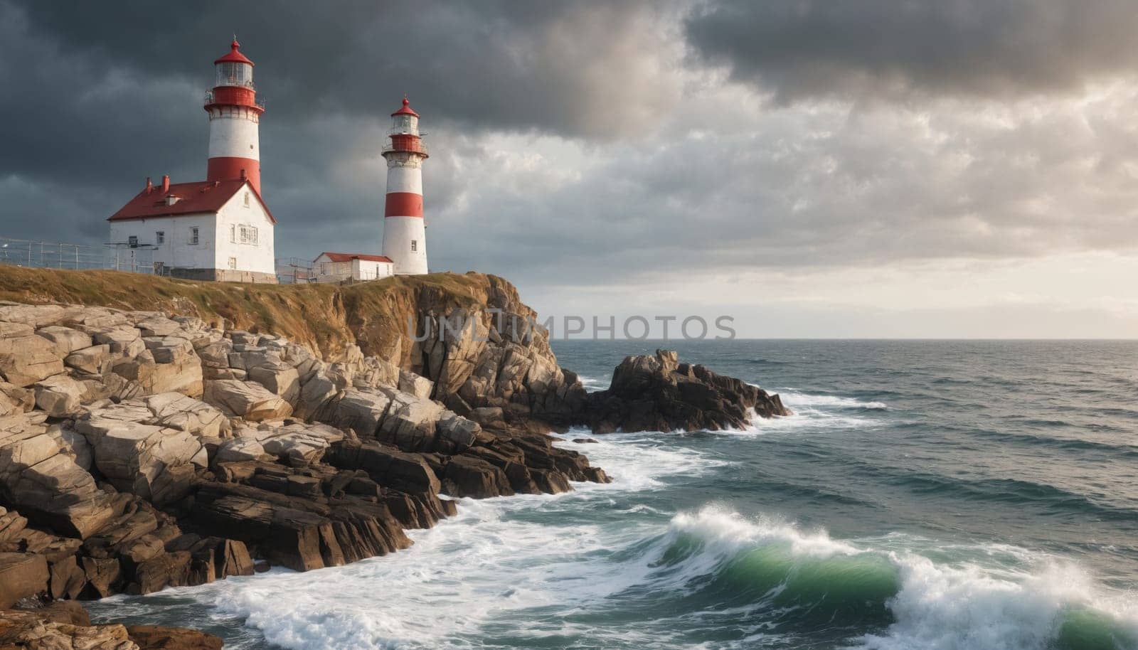 A pair of majestic lighthouses stand tall on a rugged coastline, their beacons shining brightly against a backdrop of churning waves and a dramatic, stormy sky. The ocean's fury crashes against the rocky shore, creating a scene of both power and resilience.